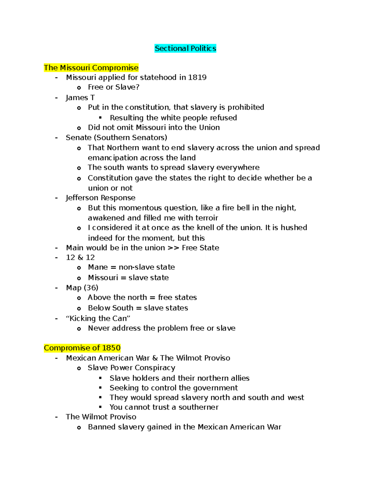 Sectional Politics Sectional Politics The Missouri Compromise