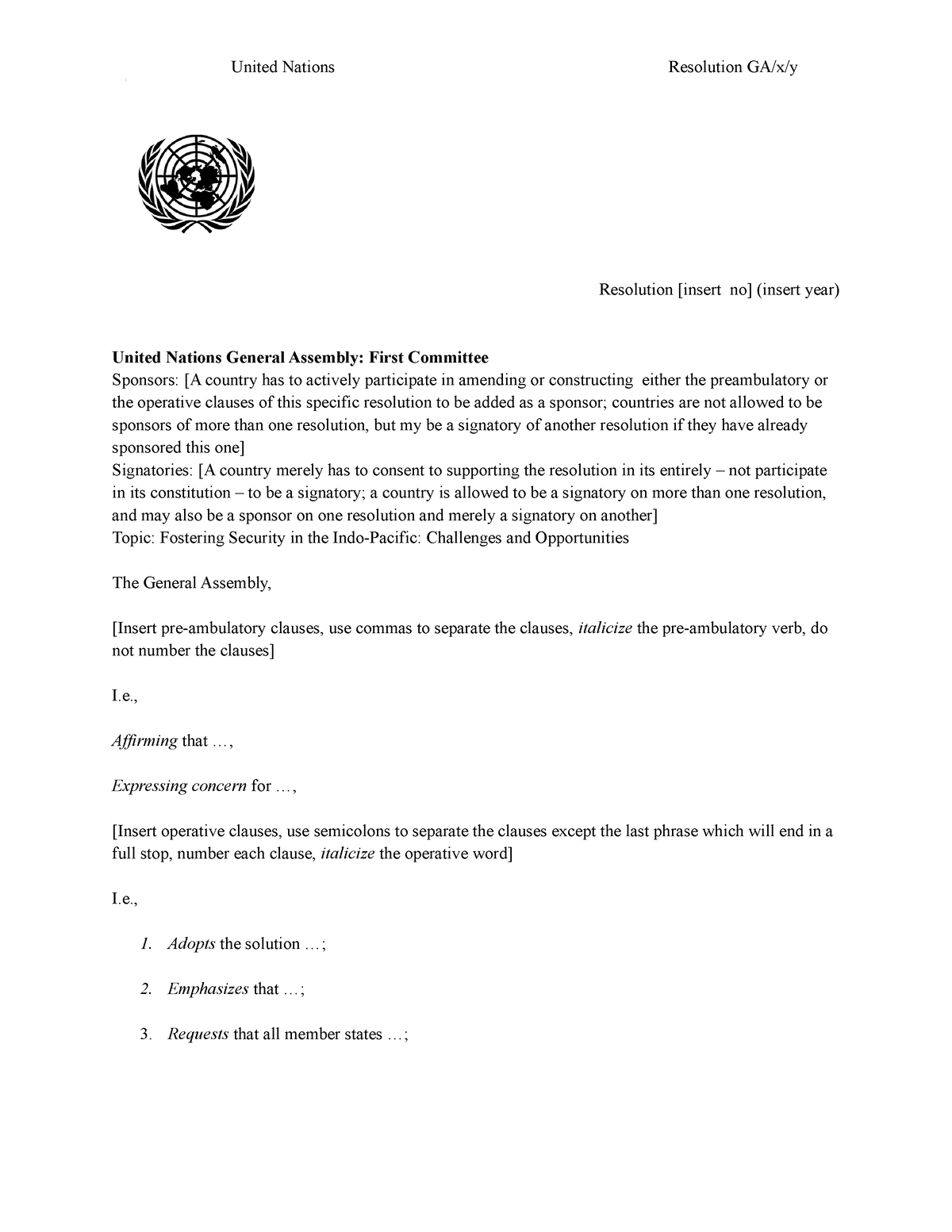 Template Of UN Resolution - United Nations Resolution GA/x/y Resolution ...