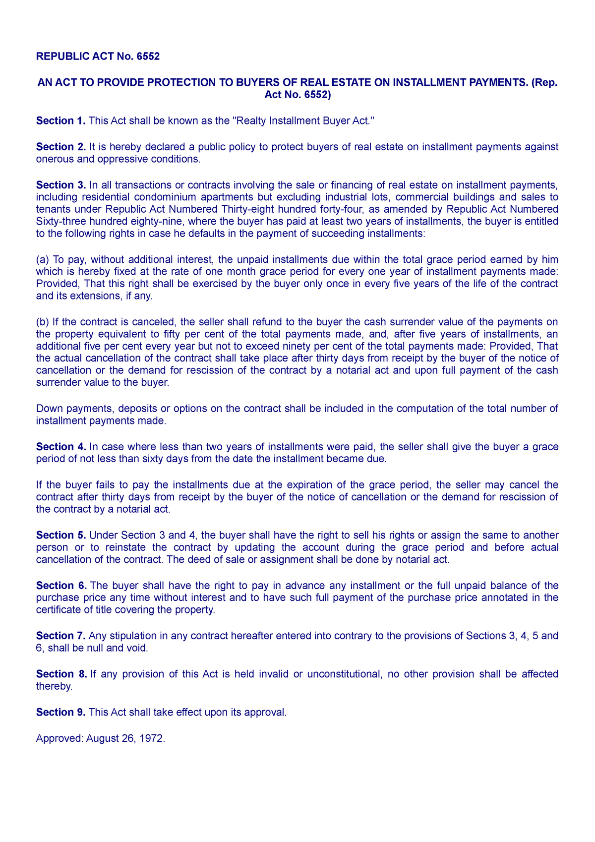 Maceda-law - Maceda Law - REPUBLIC ACT No. 6552 AN ACT TO PROVIDE ...