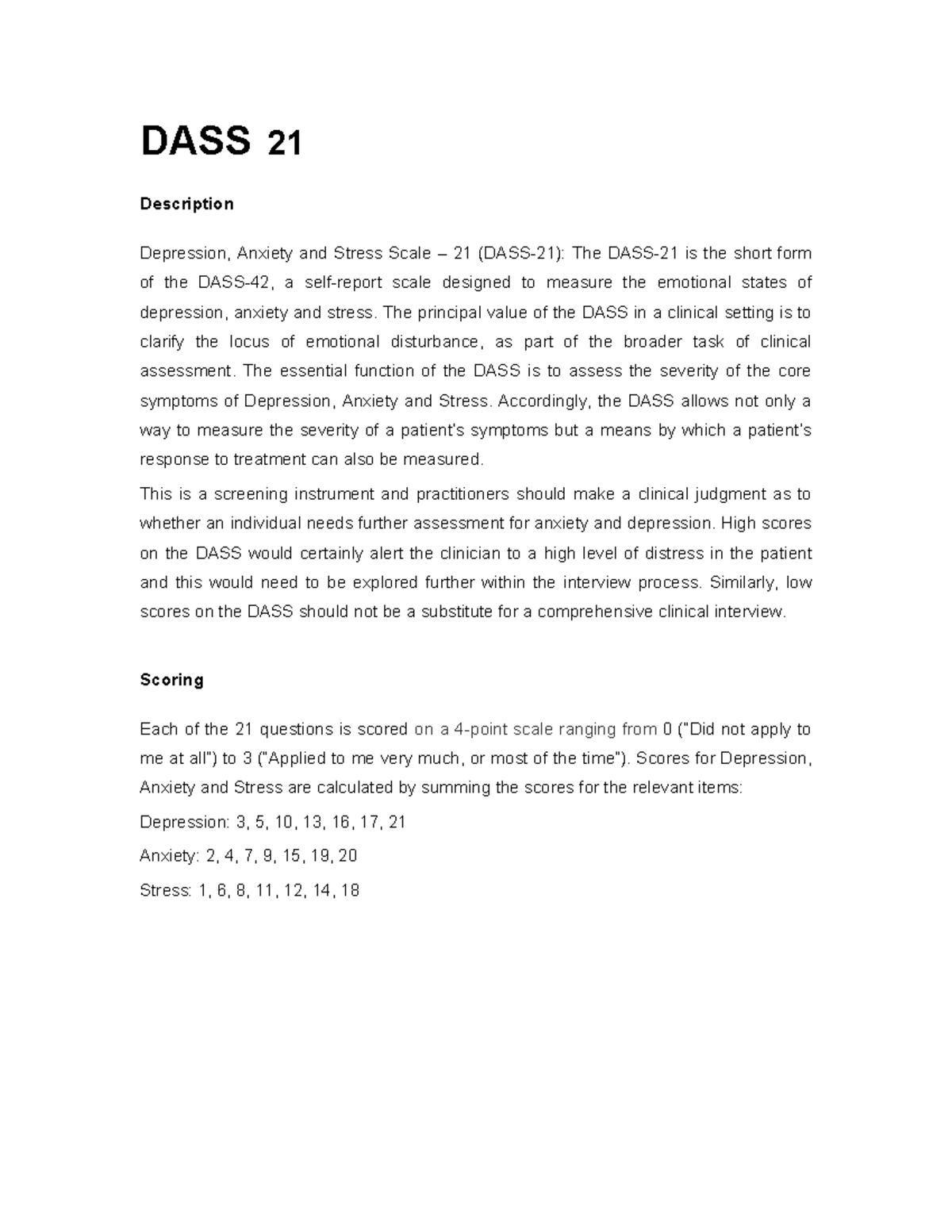 DASS-21-Scoring - DASS 21 Description Depression, Anxiety and Stress ...