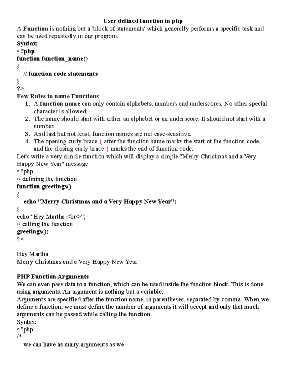 Userdefined function in php - Syntax: