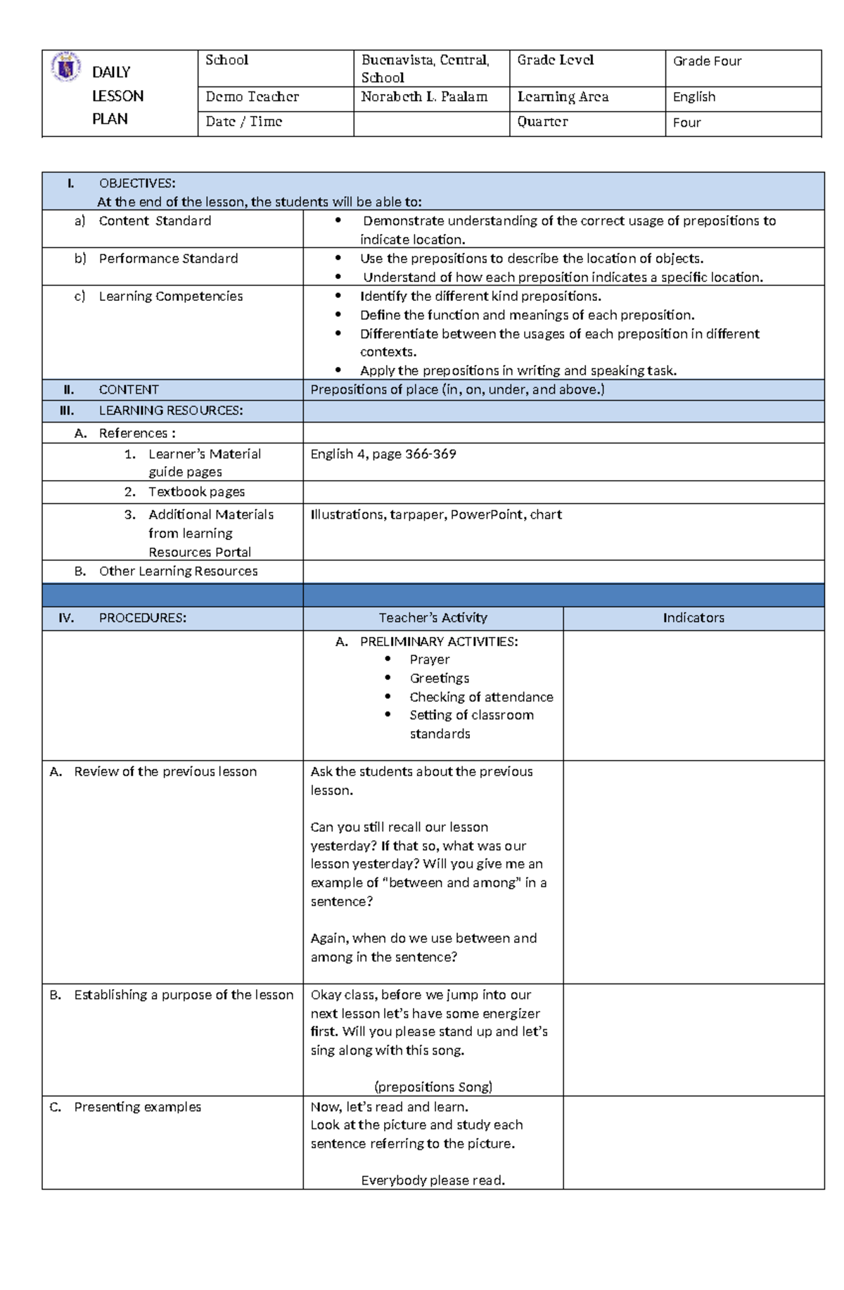 Detailed Lesson plan - School Buenavista, Central, School Grade Level ...