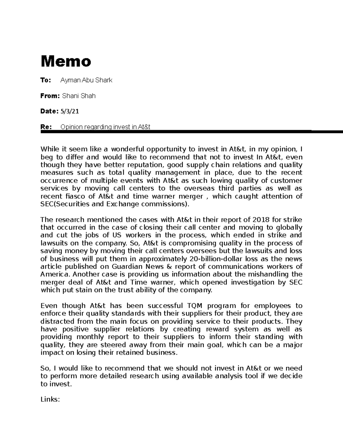 Memo on Memos - case study answer - Memo To: Ayman Abu Shark From ...