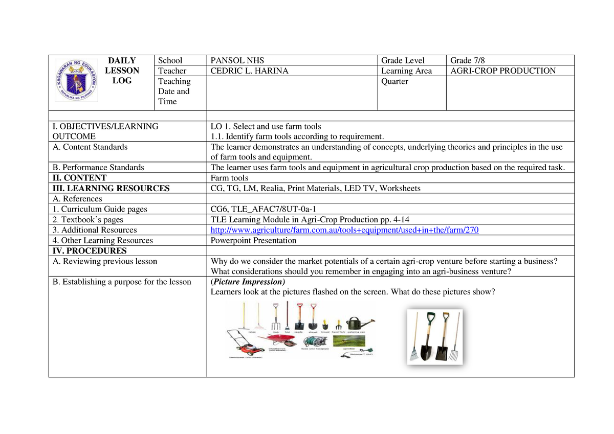 AGRI-CROP Production- LO1-LO3 - DAILY LESSON LOG School PANSOL NHS ...