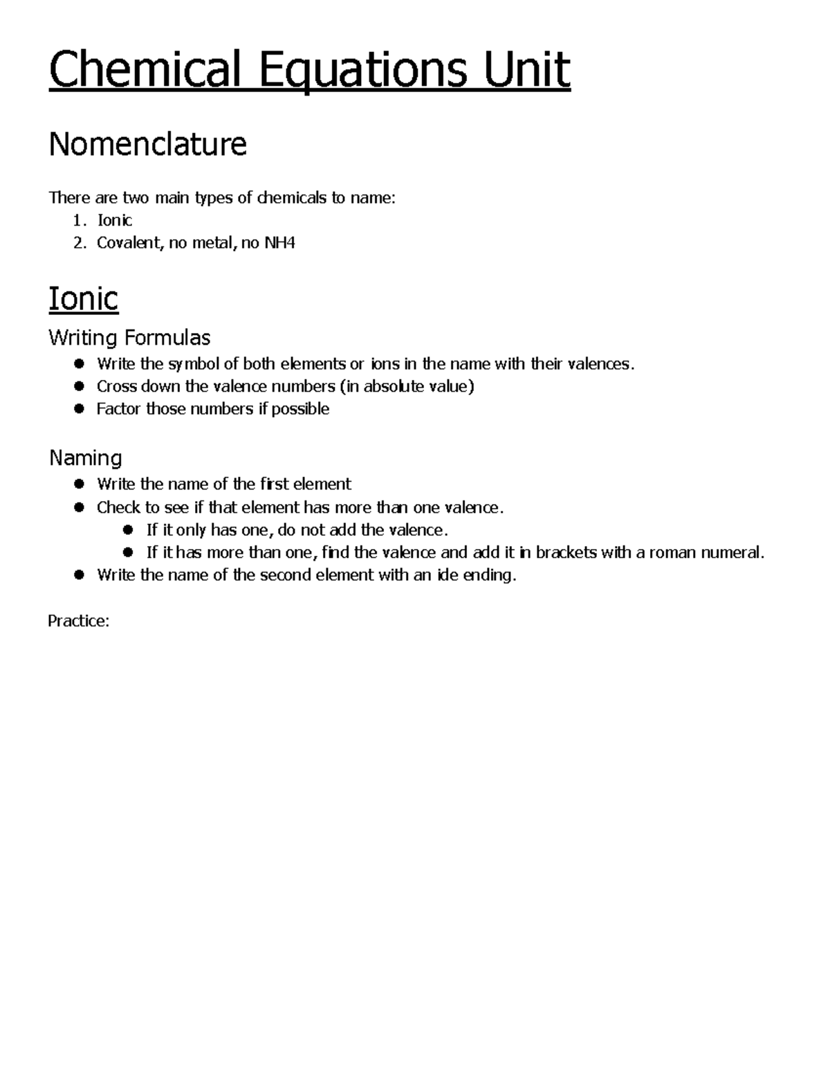 Chemical Equation Notes (Quadmester) Chemical Equations Unit