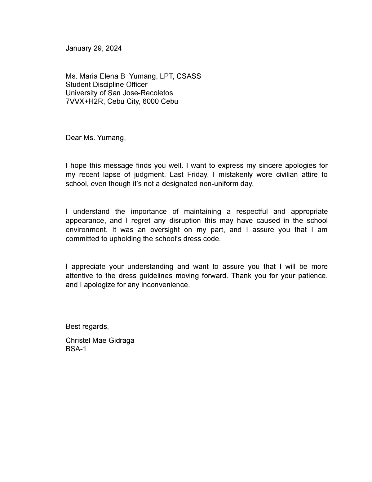 Apology letter - January 29, 2024 Ms. Maria Elena B Yumang, LPT, CSASS ...