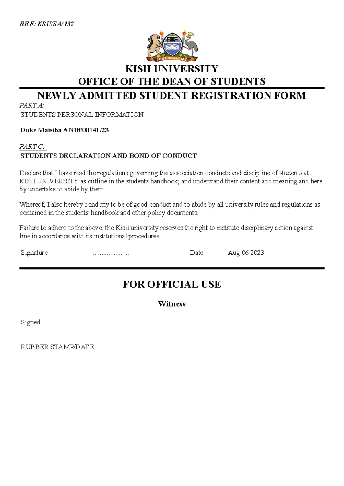DUKE Maisiba personaldetails REF KSU/SA/ KISII UNIVERSITY OFFICE OF
