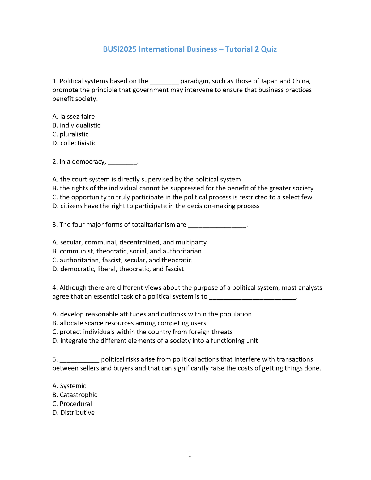 Tutorial 2 Political Environments Quiz Questions 1 BUSI 2025