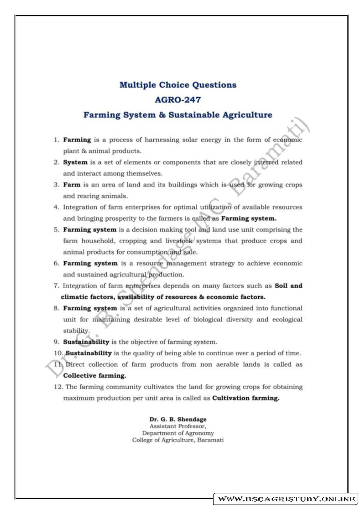 AGRO 247 Objective Questions - Multiple Choice Questions Farming System ...