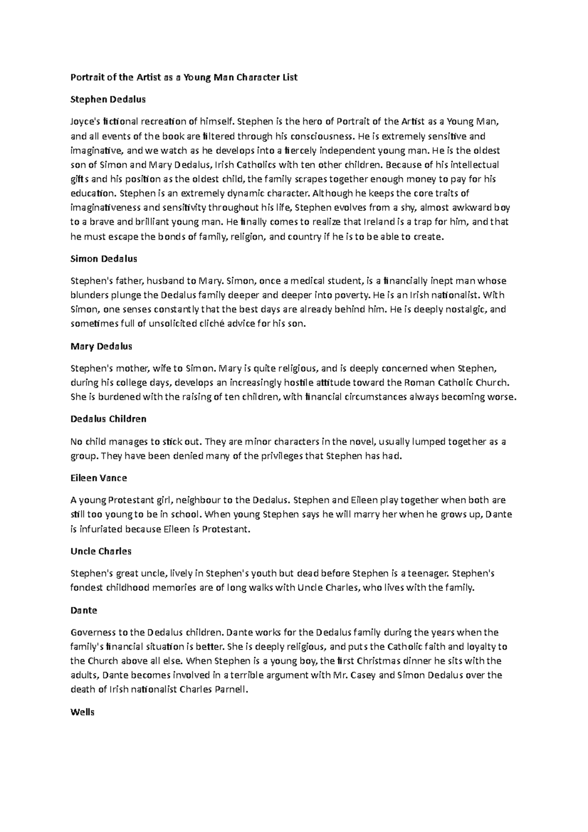 Portrait of the Artist as a Young Man Character List James Joyce ...