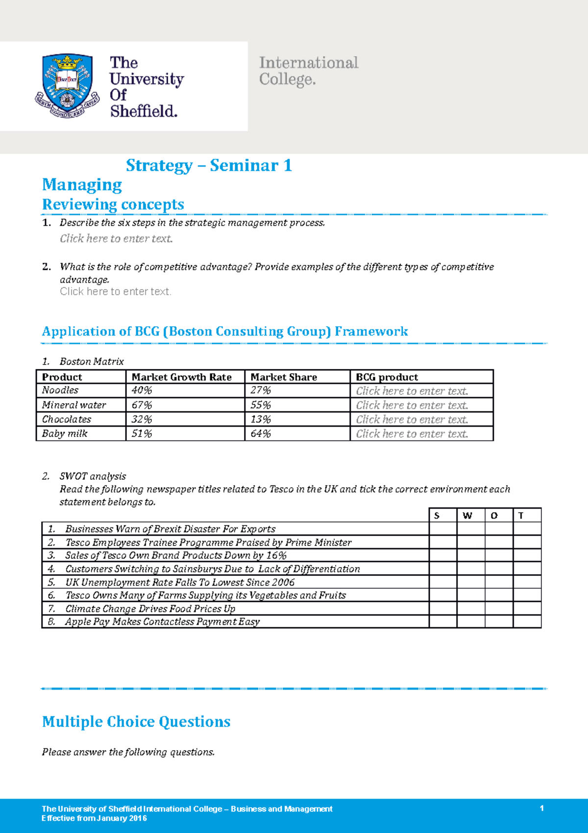 Managing Strategy - Seminar 1 - Managing Strategy – Seminar 1 Reviewing ...