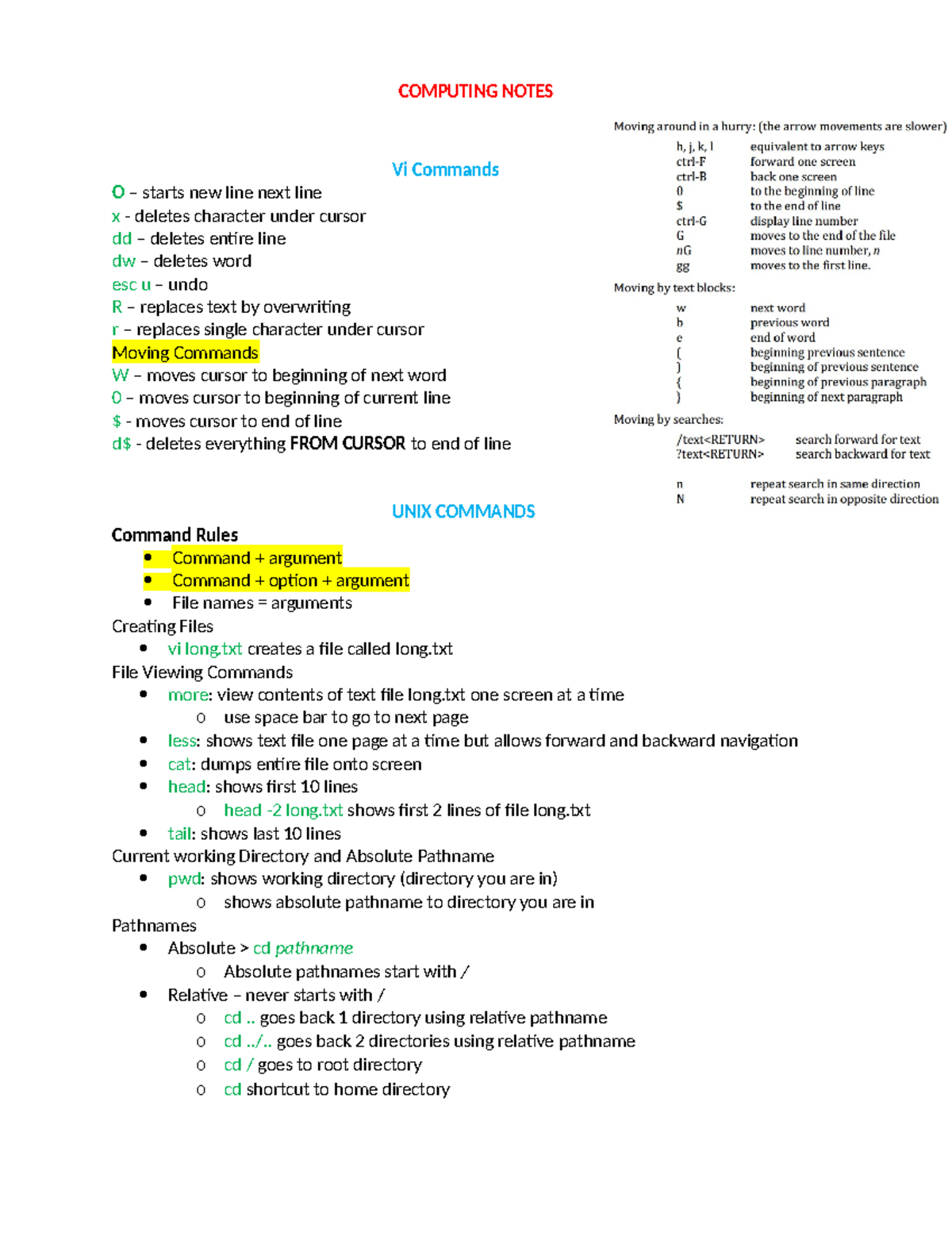 Computing Notes 2 - Vi Commands O – starts new line next line x ...