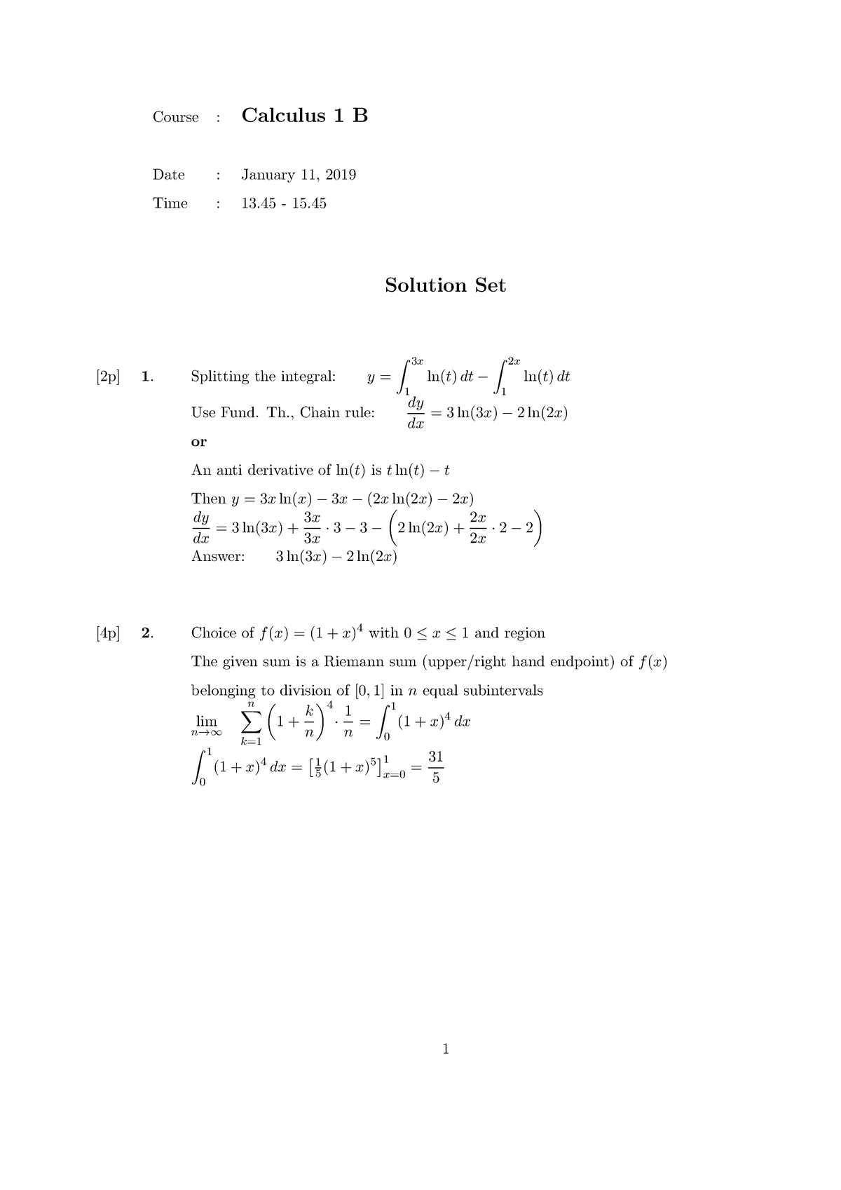 Calculus 1B 2018 , Test01 190111 Oefentoets Met Antwoorden - Course ...