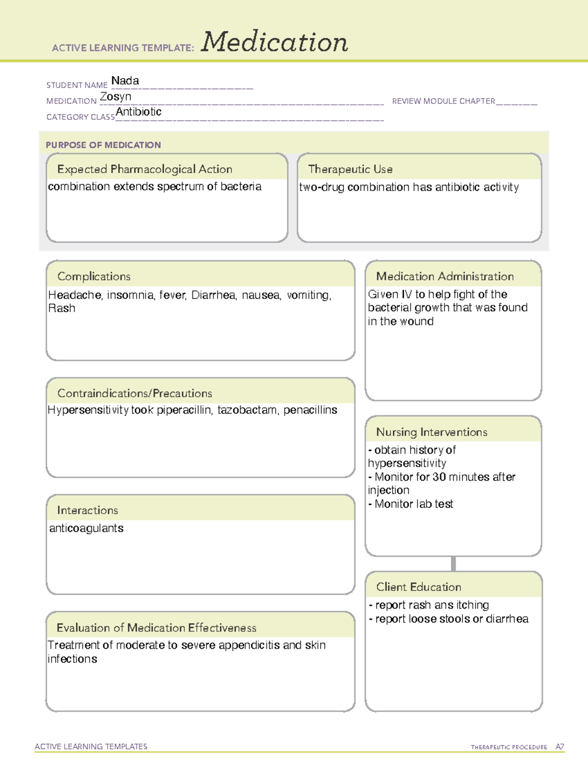 Zosyn ati template ACTIVE LEARNING TEMPLATES TherapeuTic procedure