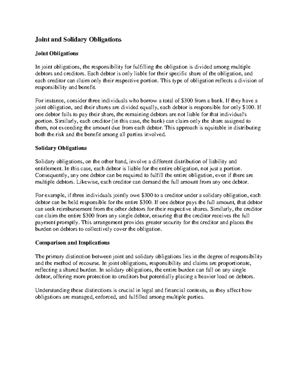 Joint and Solidary Obligations - Each debtor is only liable for their ...
