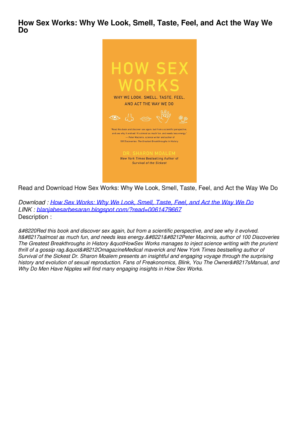 READ [PDF] How Sex Works: Why We Look, Smell, Taste, Feel, And Act The ...