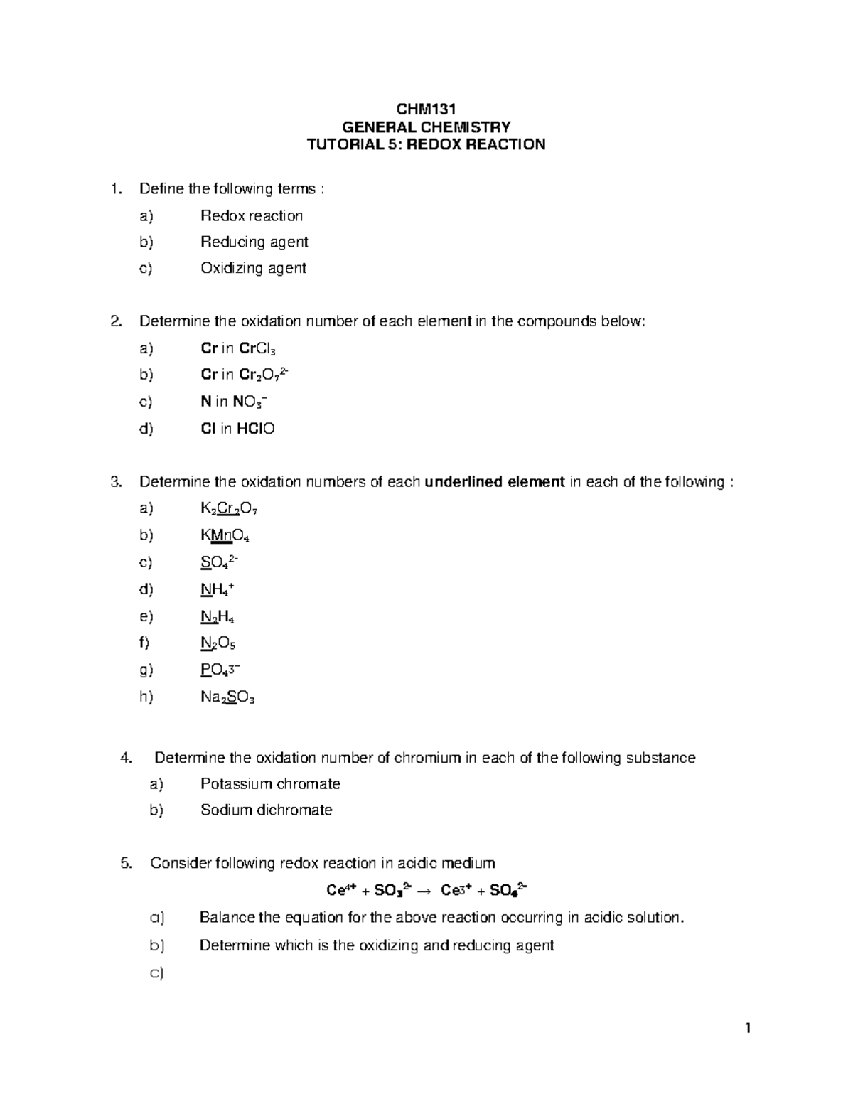 Tutorial 5 Chm131 Week - 1 CHM GENERAL CHEMISTRY TUTORIAL 5: REDOX ...