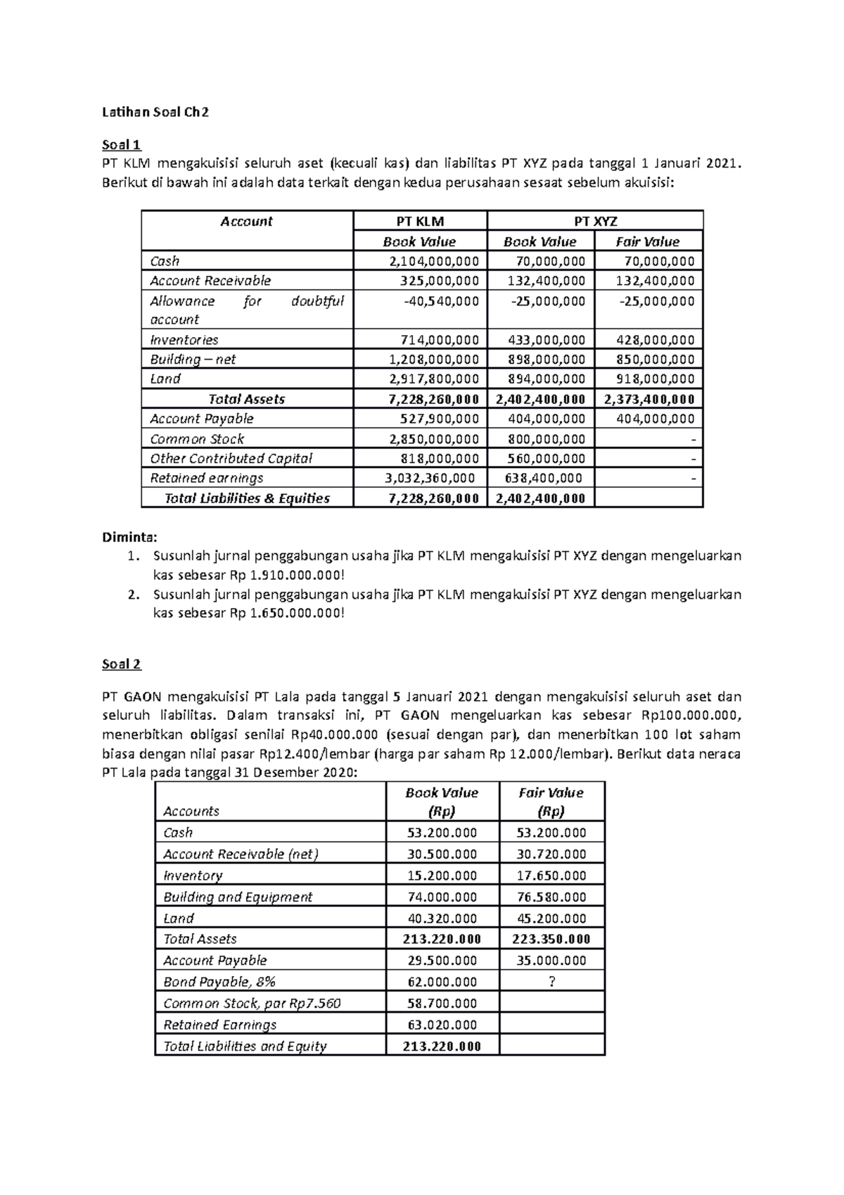 Latihan Ch2 Advanced Accounting 2 For Students - Latihan Soal Ch Soal 1 ...