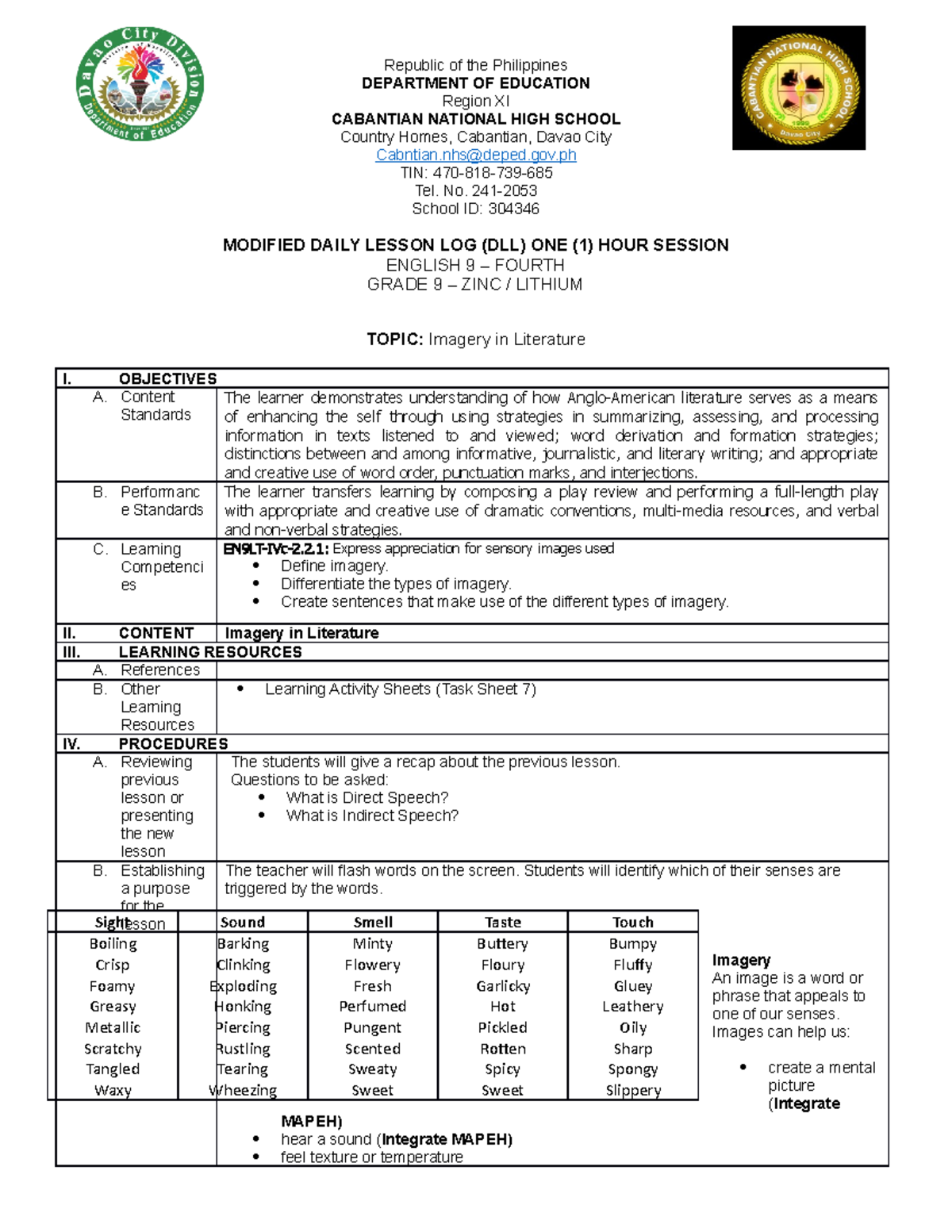 Sample Format Of Dll Lesson Plan - Printable Templates Free