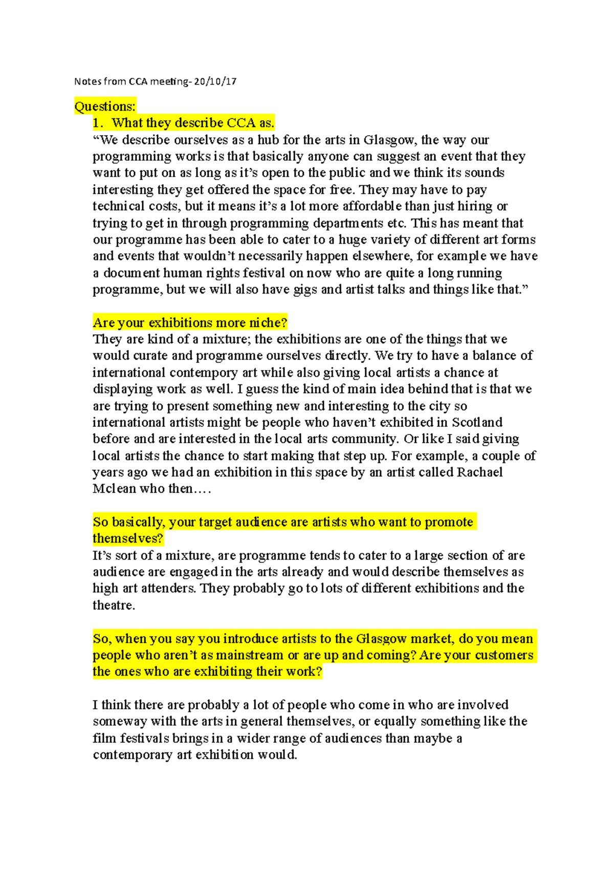CCA interveiw - Interview with company - Notes from CCA meeting- 20/10 ...