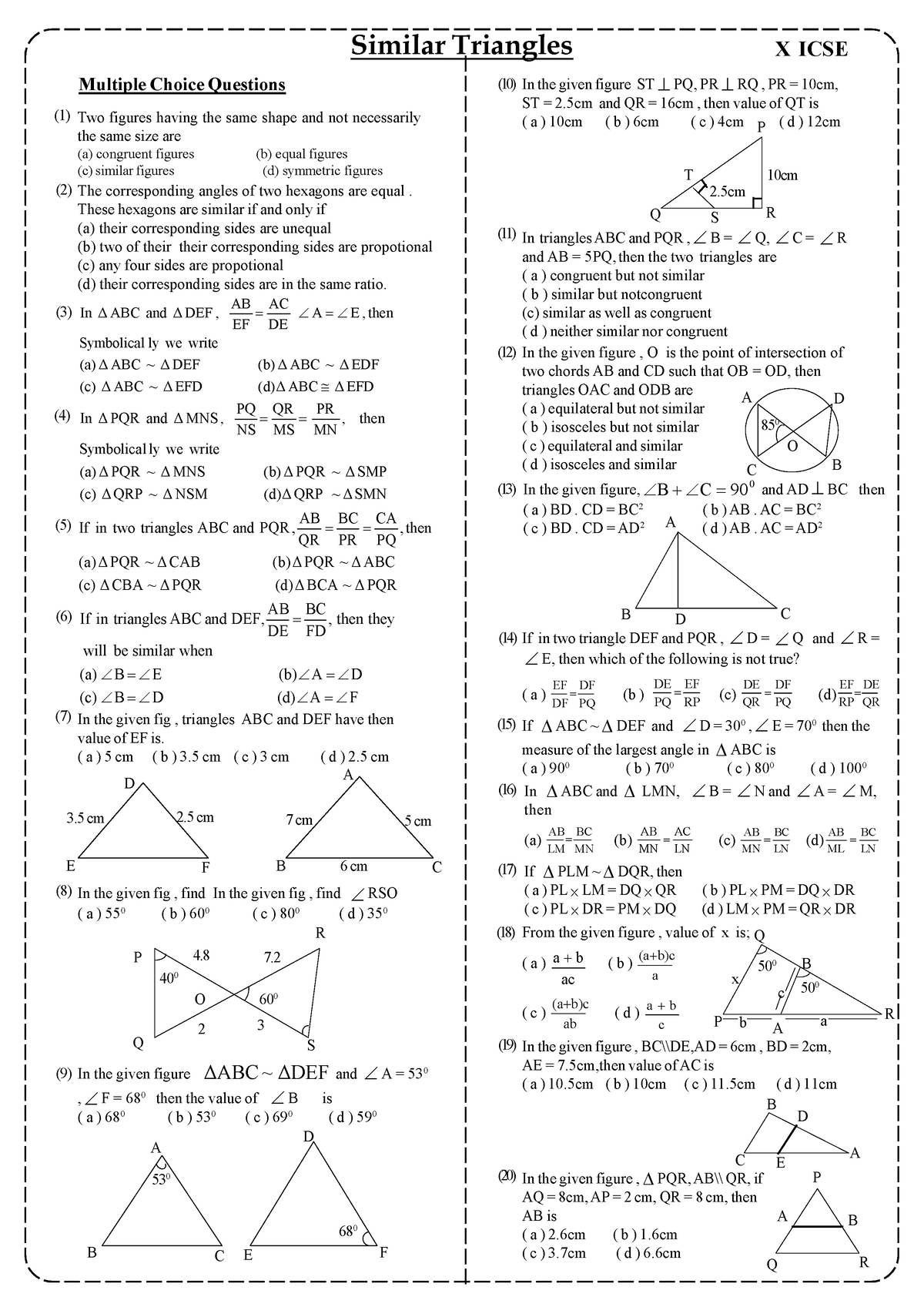 Similar Triangles MCQs - Similar Triangles Multiple Choice Questions X ...