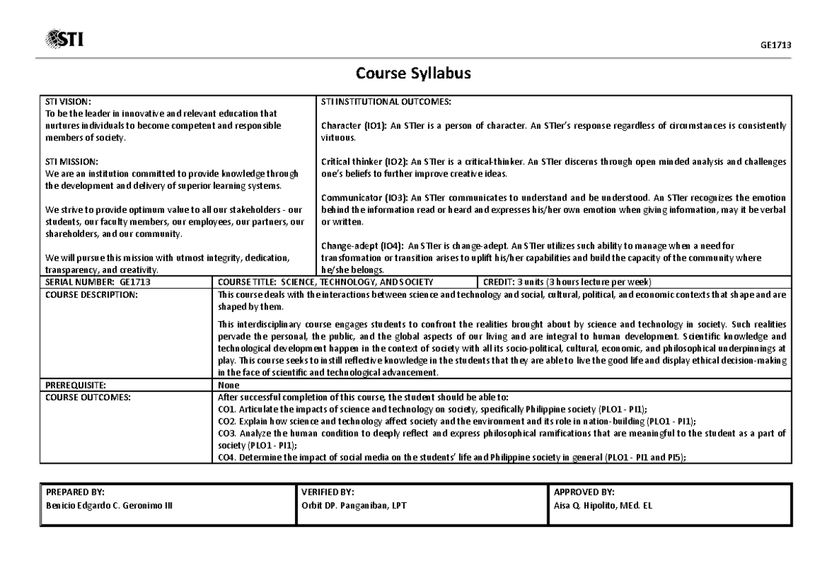 GE1713 Syllabus and Course Outline - PREPARED BY: VERIFIED BY: APPROVED ...