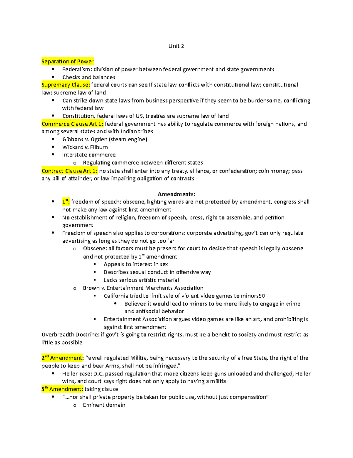 Unit 2 LEGL Notes - Study guide - Unit 2 Separation of Power Federalism ...