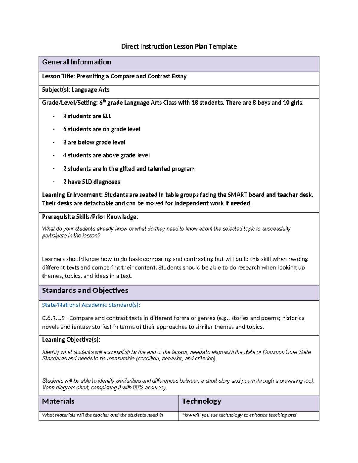 Language Arts Lesson Plan - Direct Instruction Lesson Plan Template ...