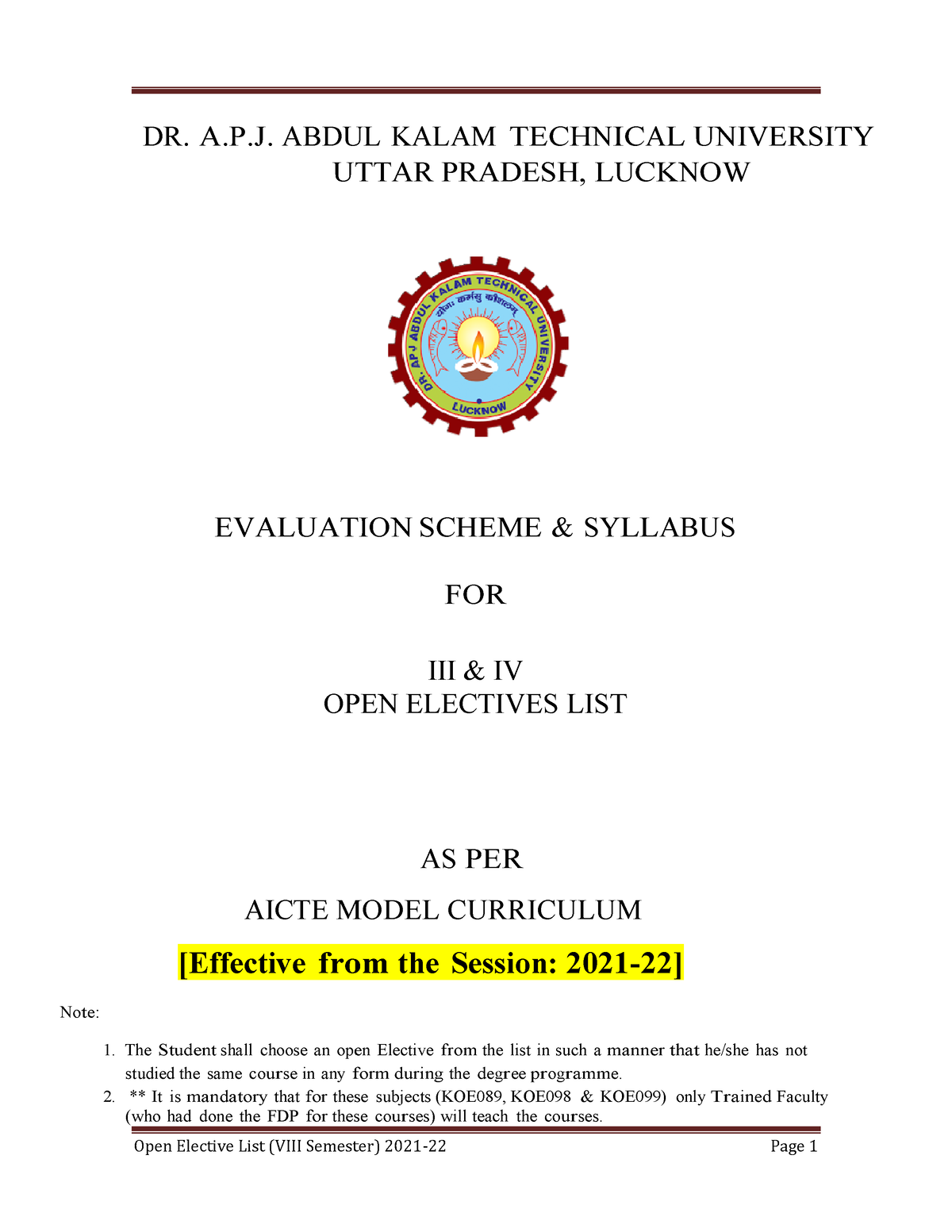 B.Tech. (8th Sem) Open Elective - Open Elective List (VIII Semester ...