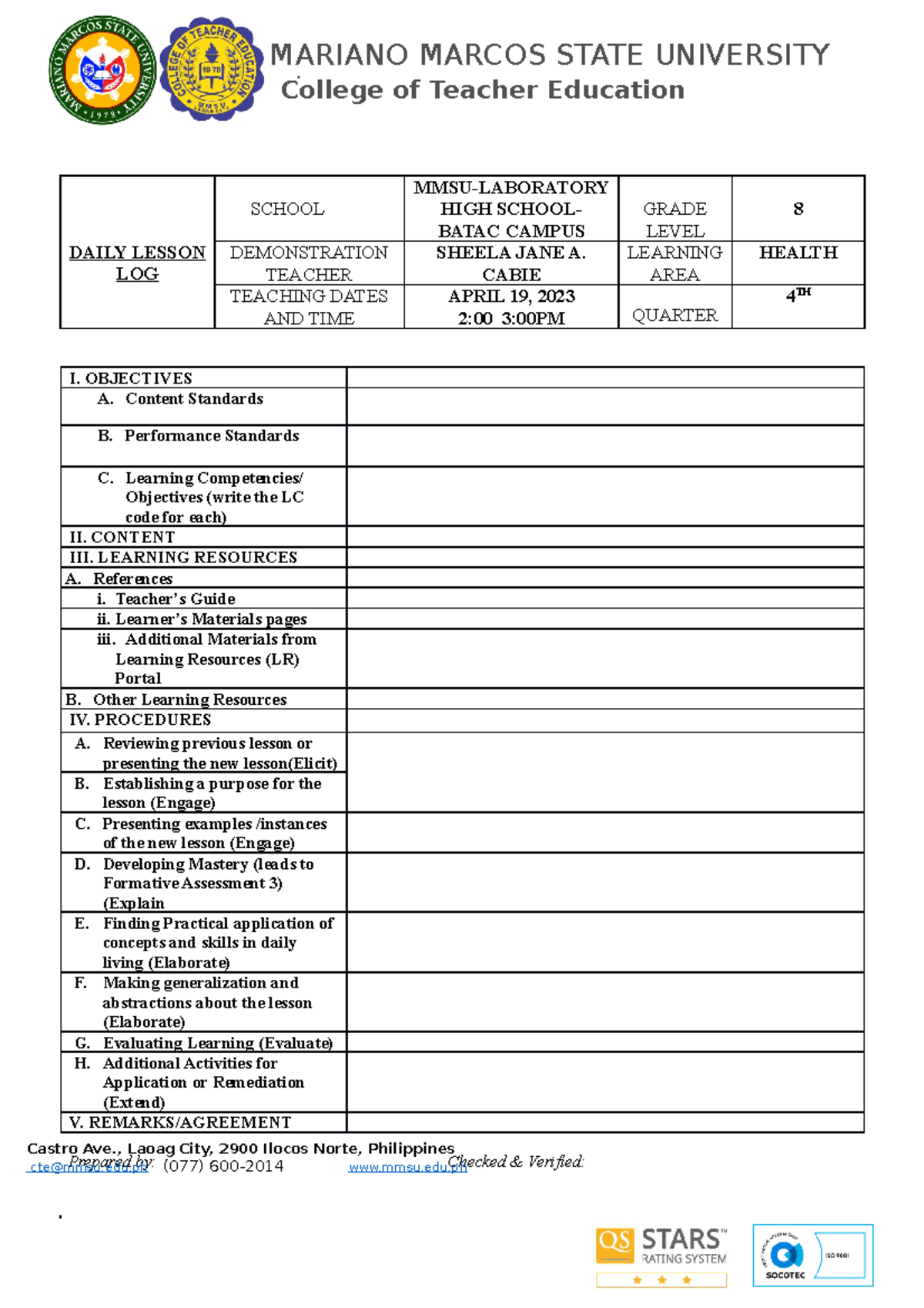 Health 8Cabie DAILY LESSON LOG SCHOOL MMSULABORATORY HIGH SCHOOL