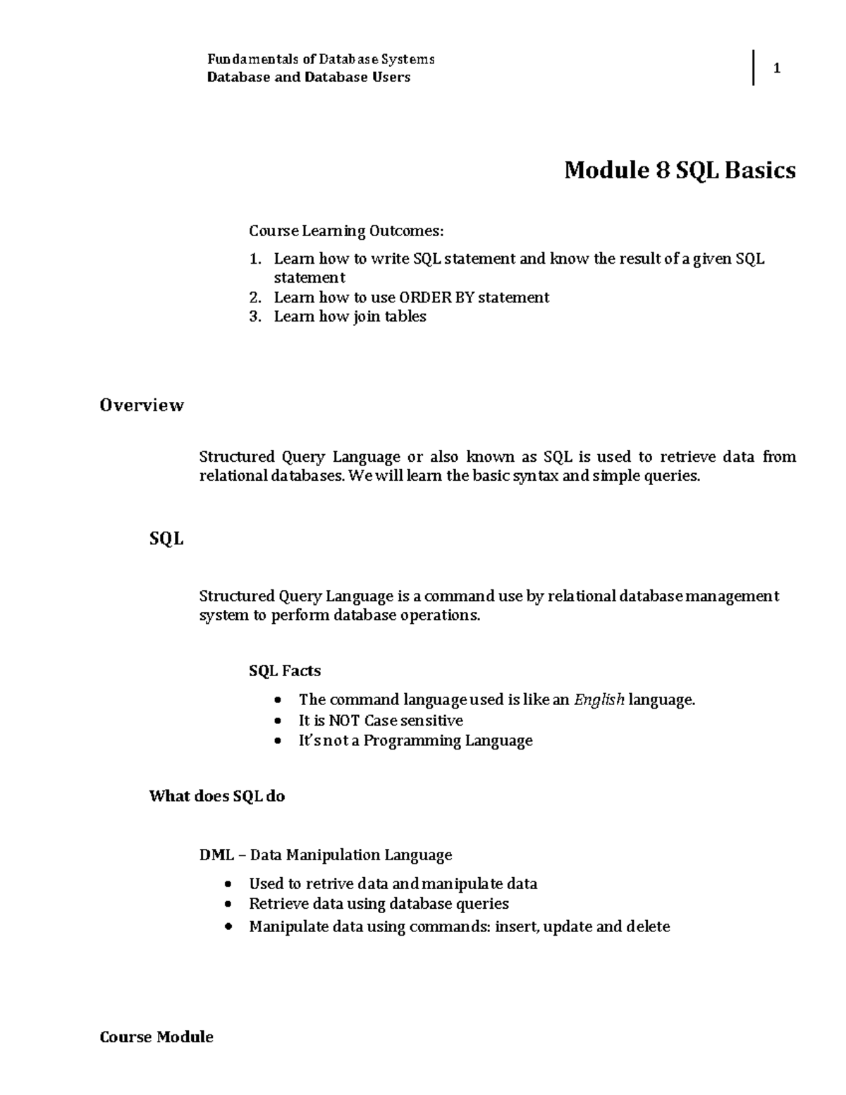 Module 8 - SQL Basics - Fundamentals of Database Systems Database and ...