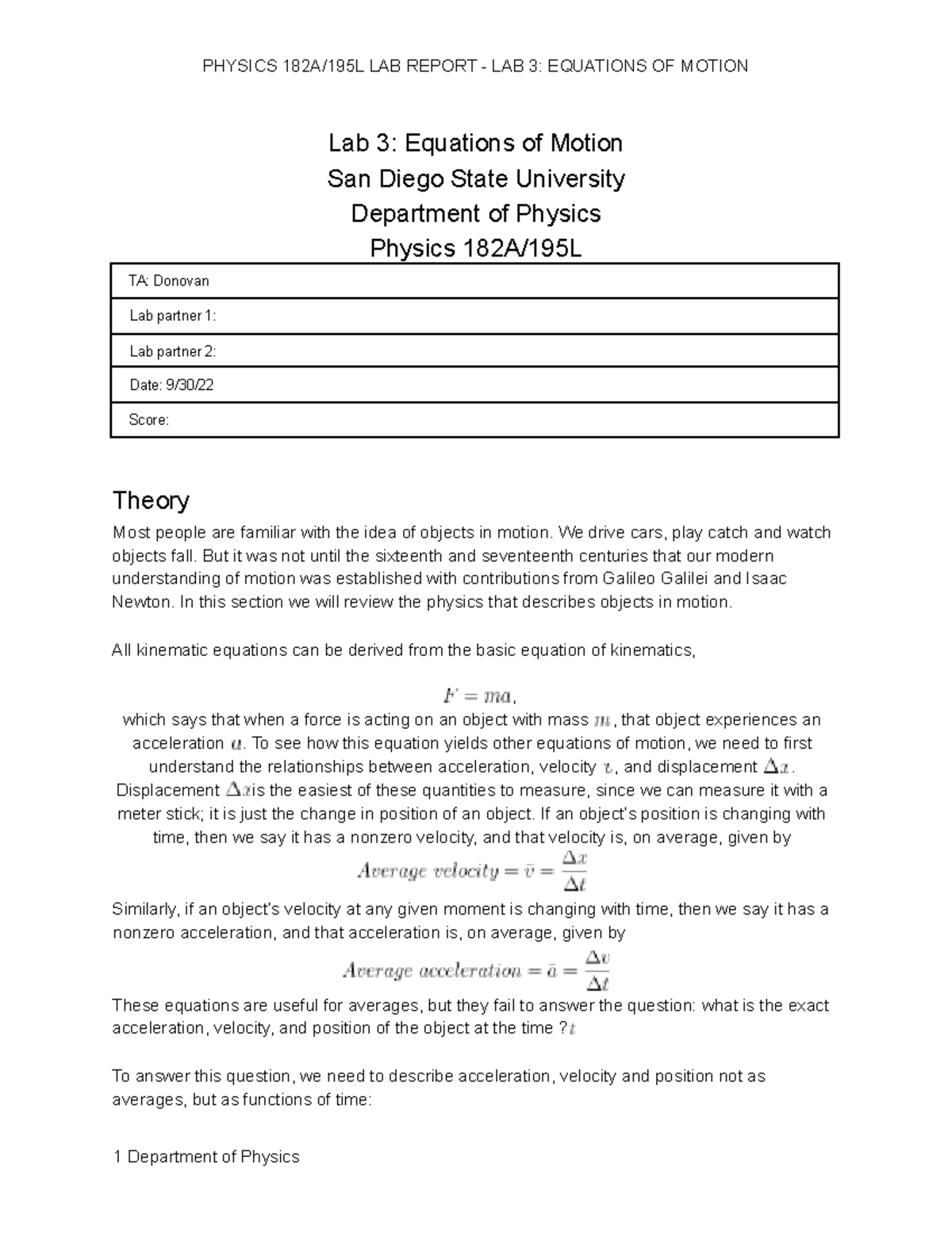 Physics 180 lab - PHYSICS 182A/195L LAB REPORT - LAB 3: EQUATIONS OF ...