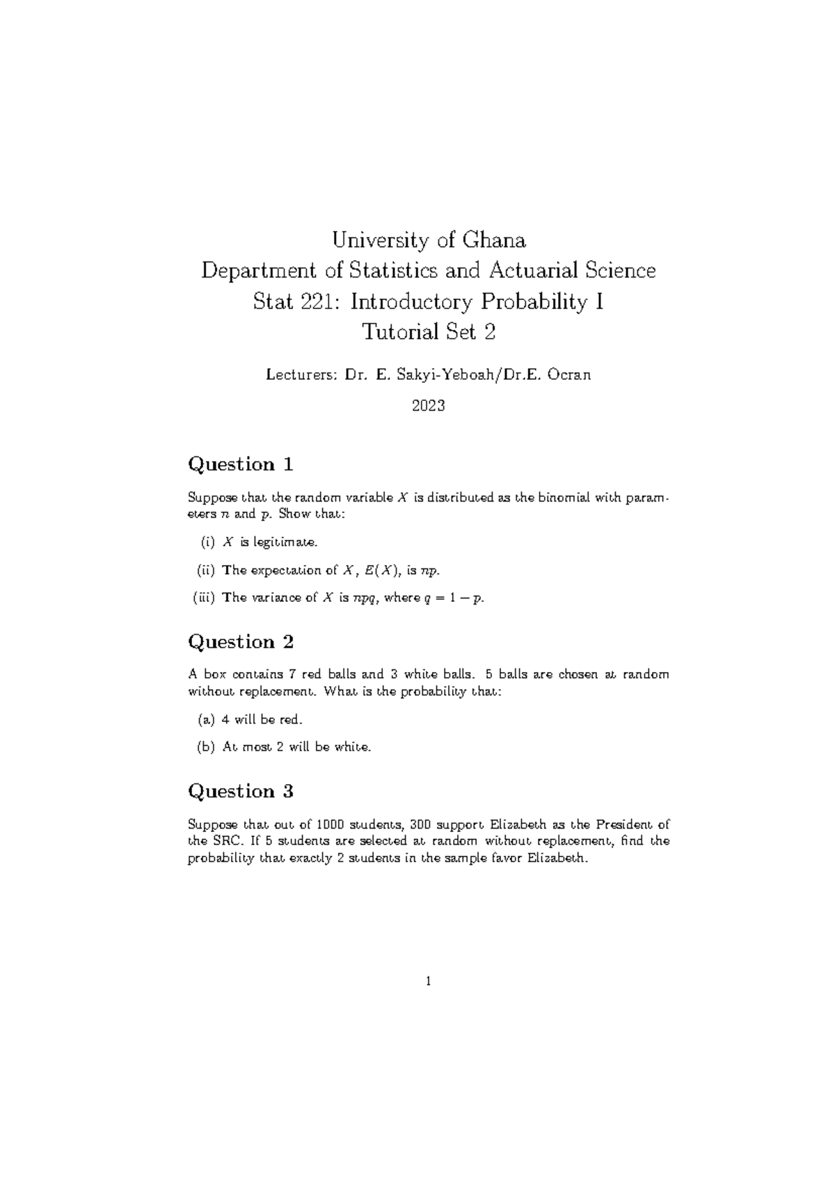 Tutorial Set 2 - in class assesment - University of Ghana Department of ...