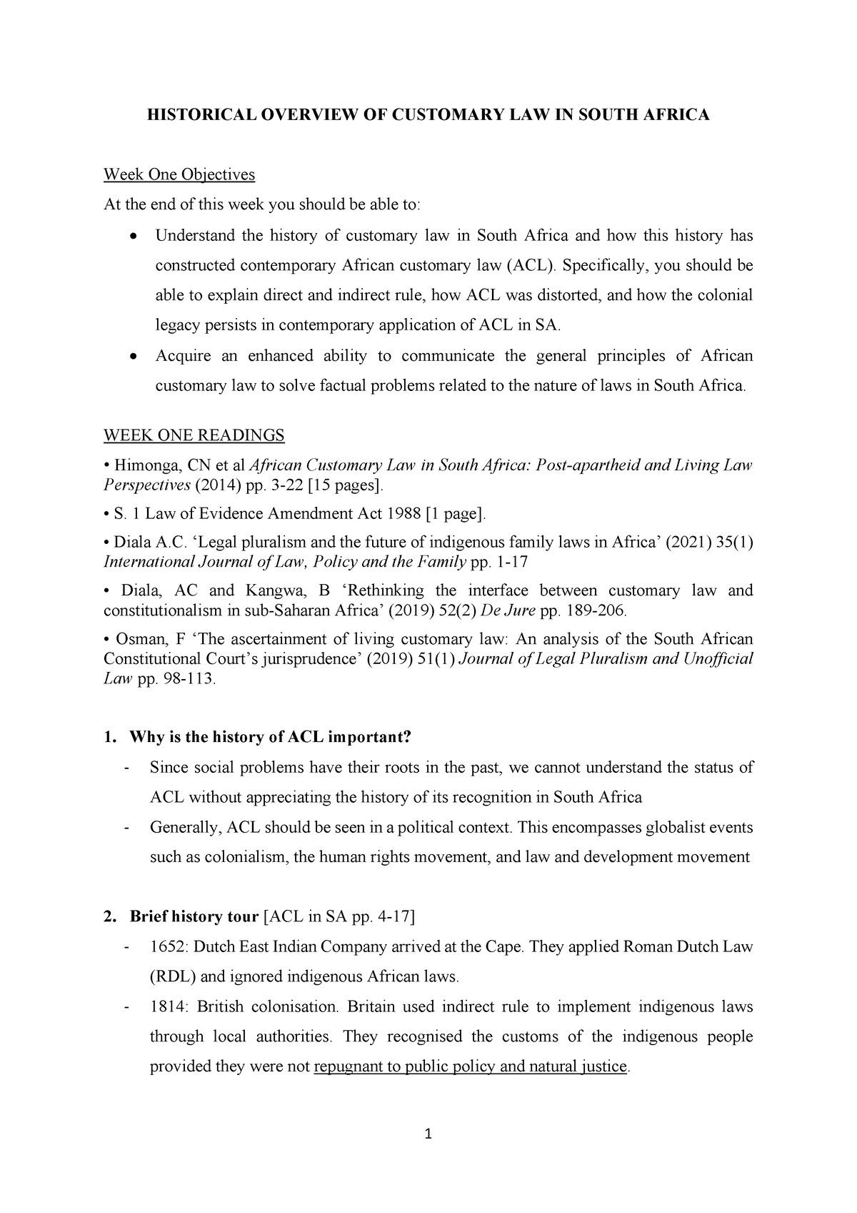 WEEK 1 Introduction 2022 HISTORICAL OVERVIEW OF CUSTOMARY LAW IN 