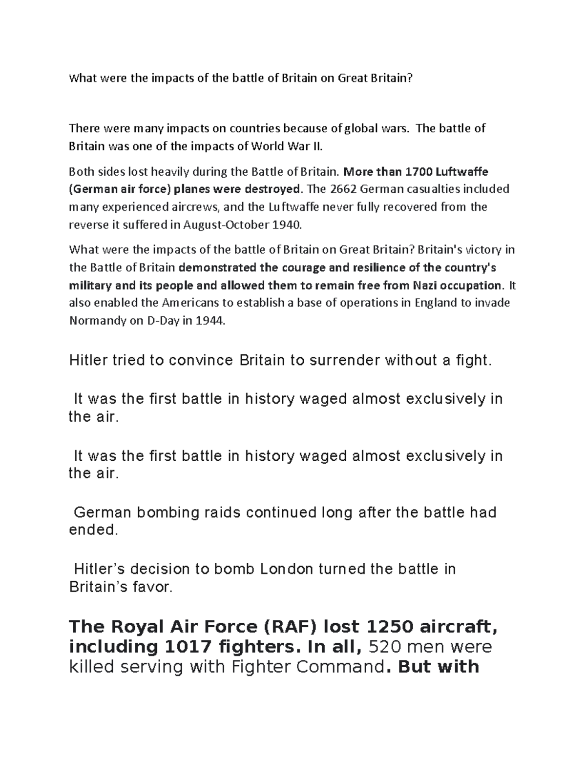 What were the impacts of the battle of Britain on Great Britain - The ...