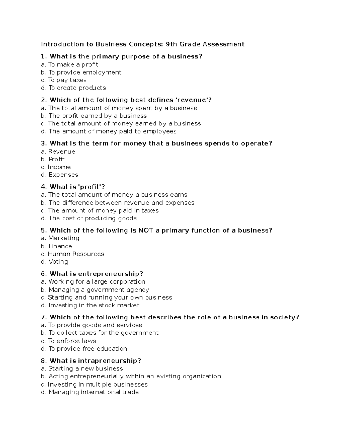 Grade 9 - Bank of questions - Introduction to Business Concepts: 9th ...
