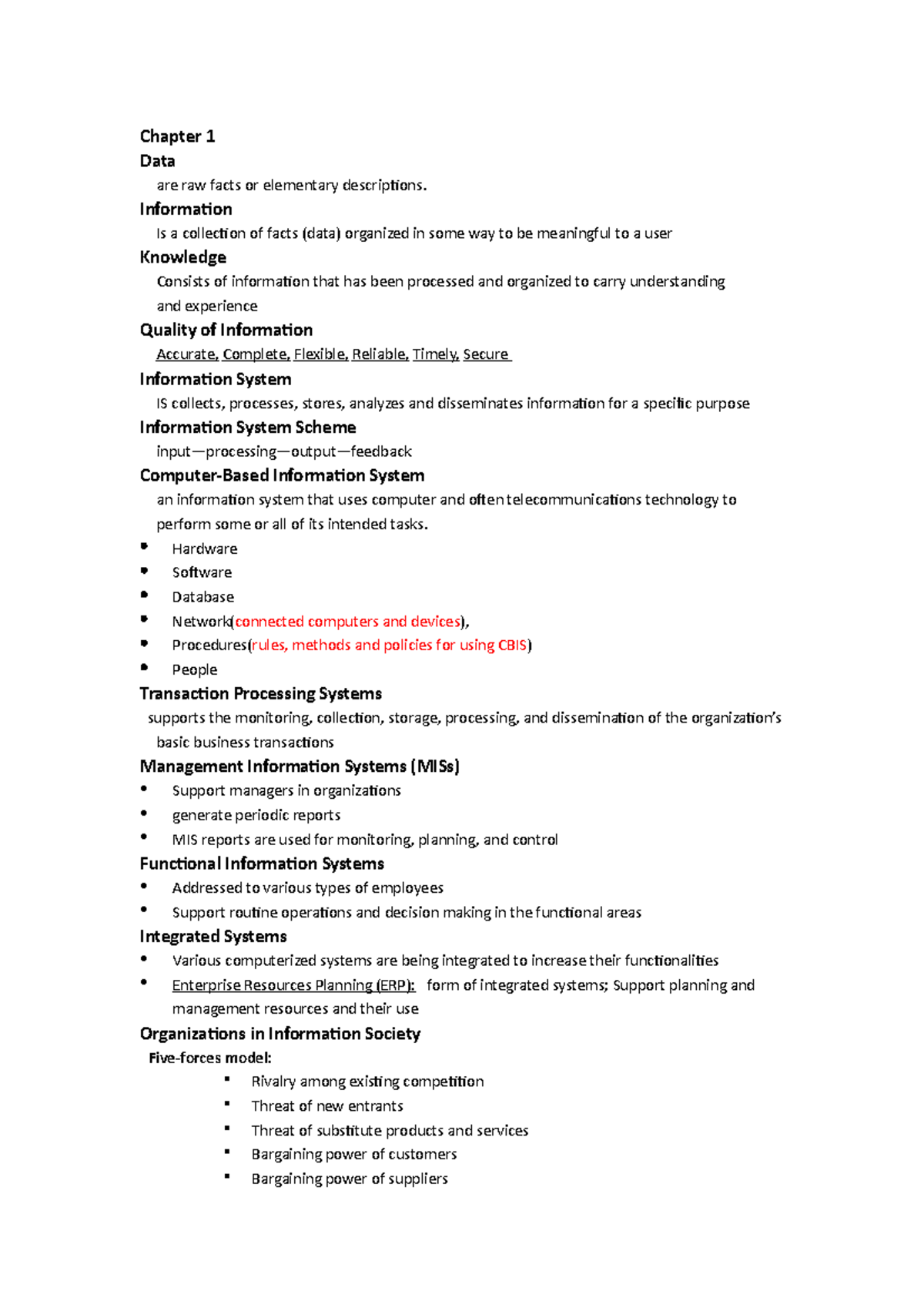 Itec1010 - Textbook Notes - Chapter 1 Data are raw facts or elementary ...