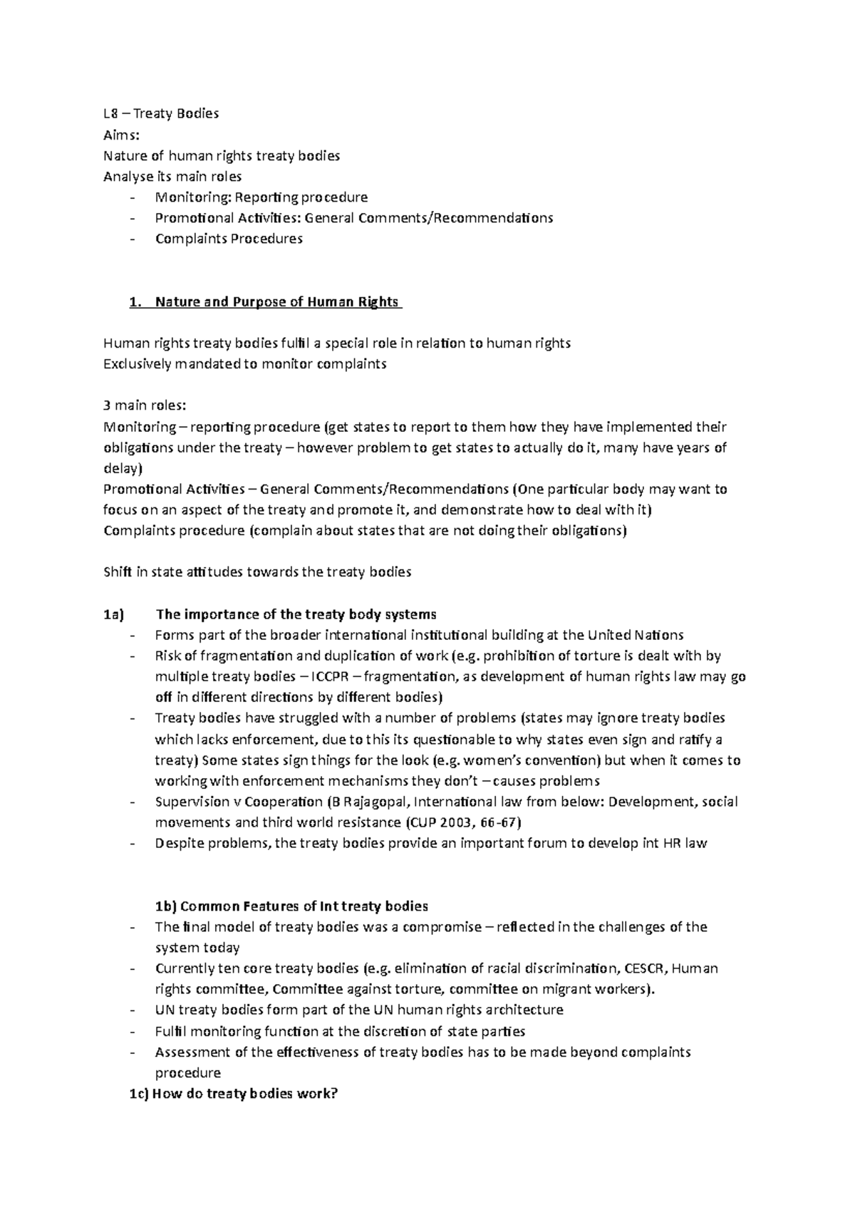 Treaty body systems - L8 – Treaty Bodies Aims: Nature of human rights ...
