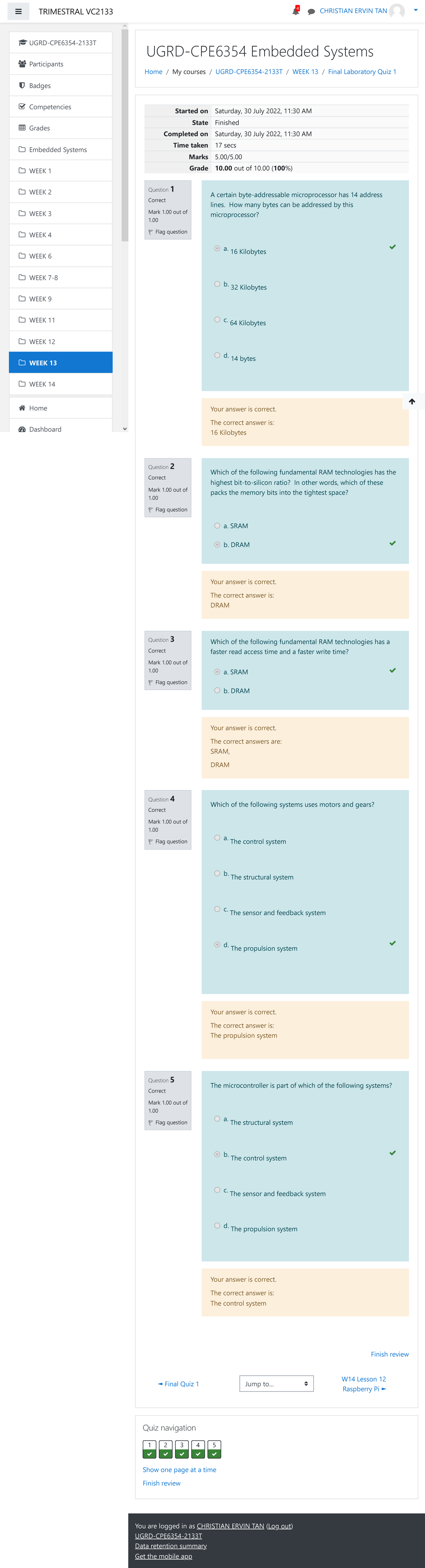 Embedded Systems Final Lab Quiz 1 Attempt review - You are logged in as ...