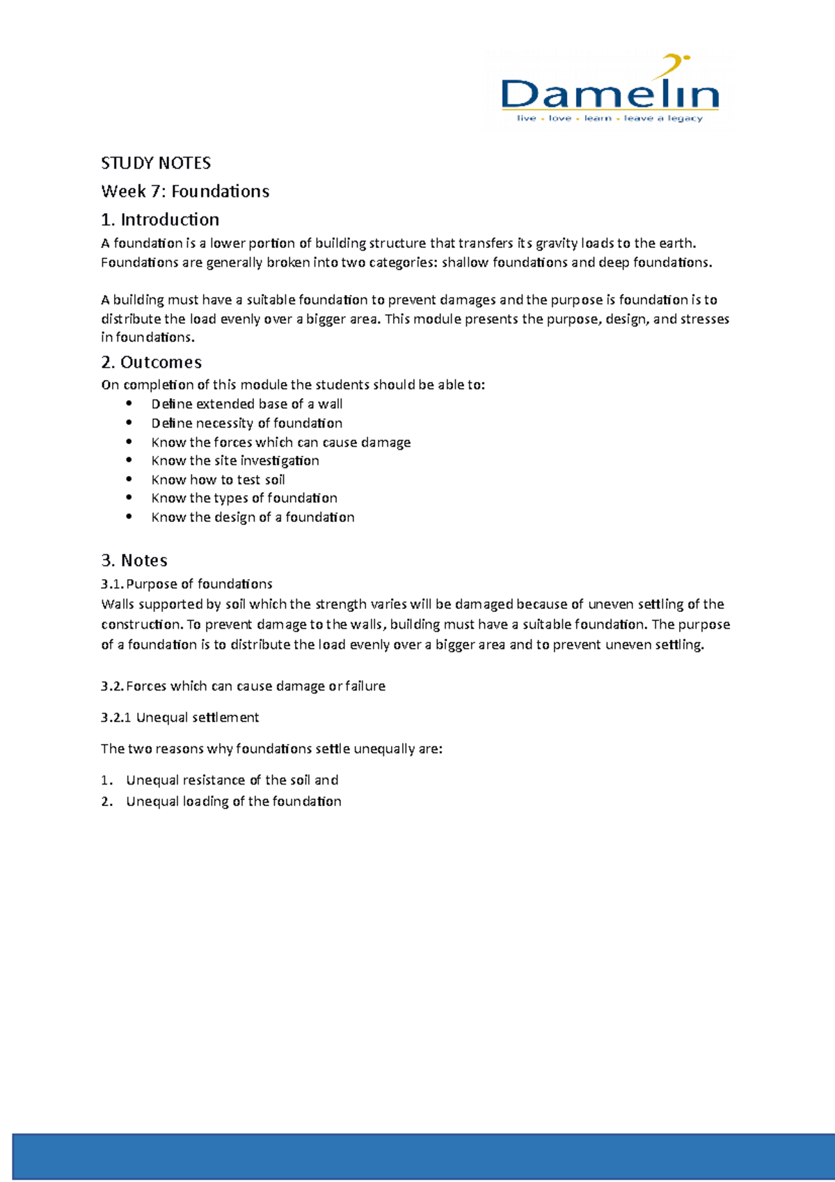Notes Week 7 - STUDY NOTES Week 7: Foundations 1. Introduction A ...