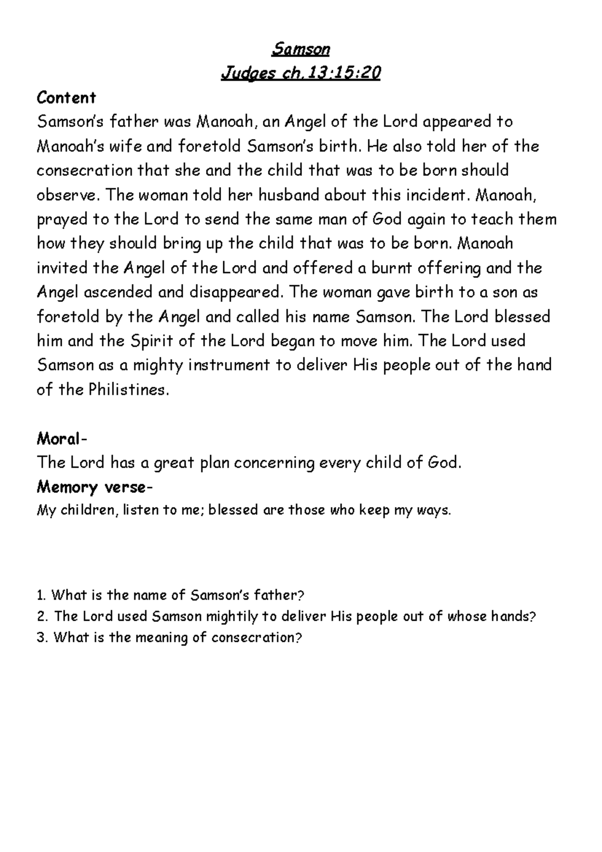 20) Samson - sunday school - Samson Judges ch;15: Content Samson’s ...