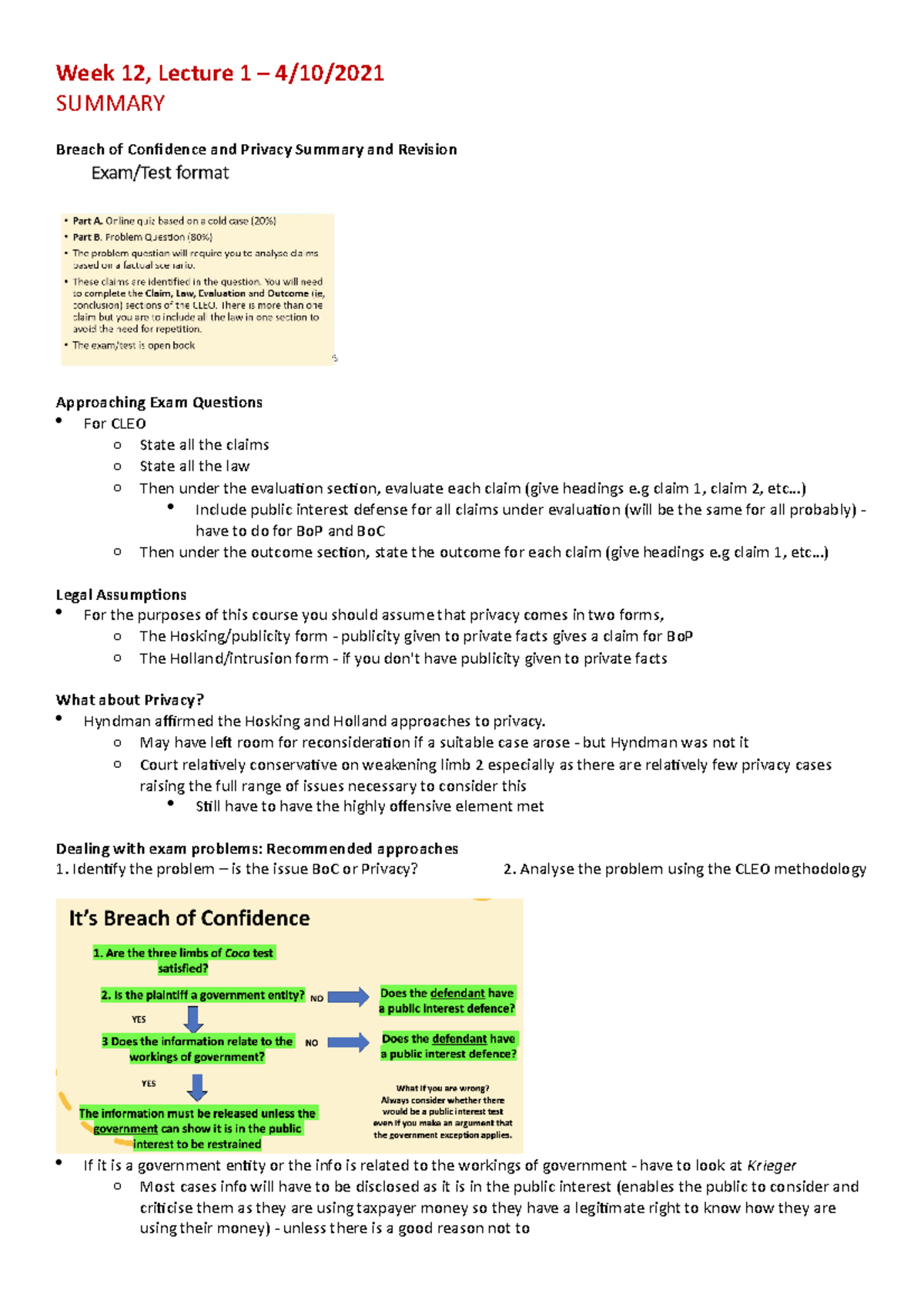 Laws122 Week 12 Lecture 1 Week 12 Lecture 1 410 Summary Breach Of Confidence And Privacy 6848