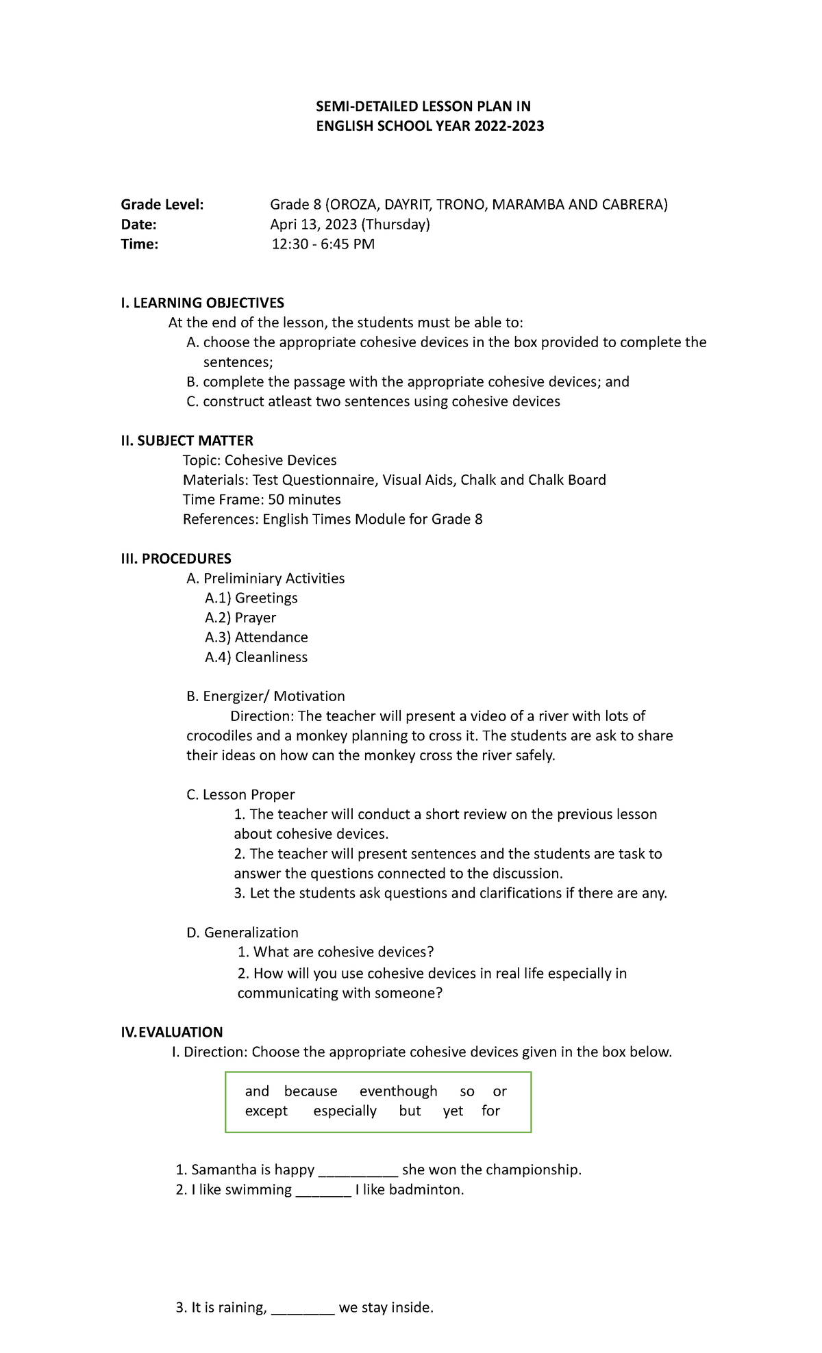 Cohesive QUIZ - LESSON PLAN - SEMI-DETAILED LESSON PLAN IN ENGLISH ...