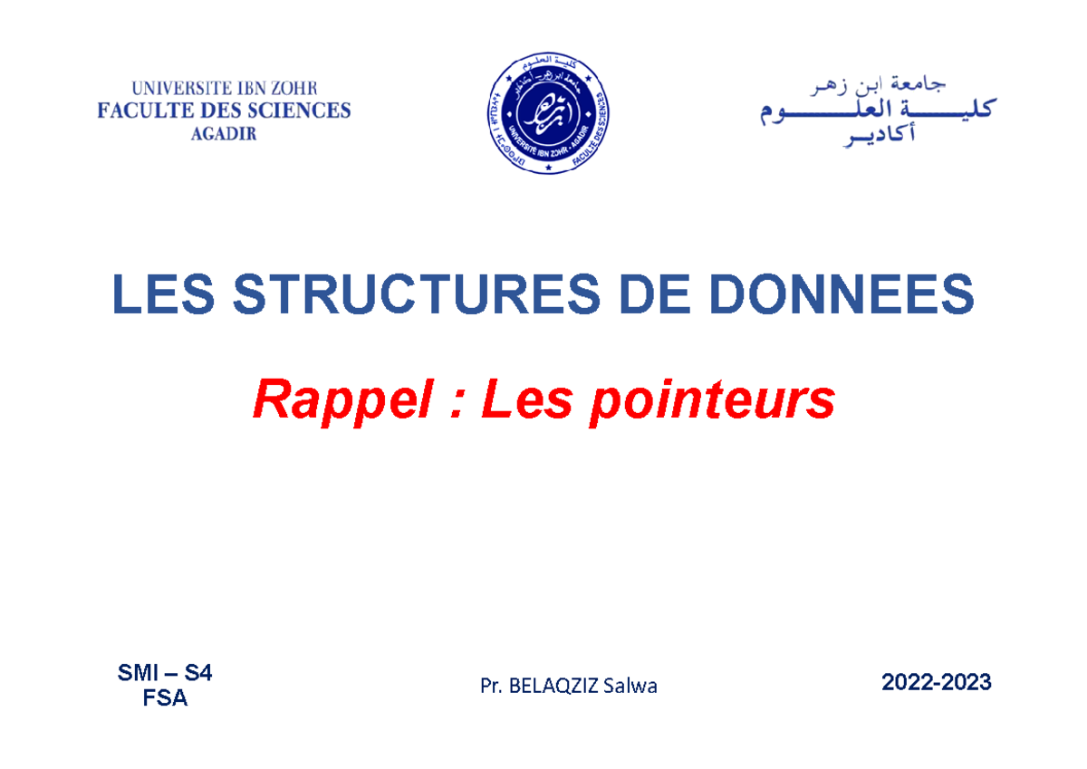 01 Rappel Pointeurs - Informatique. - LES STRUCTURES DE DONNEES Rappel ...