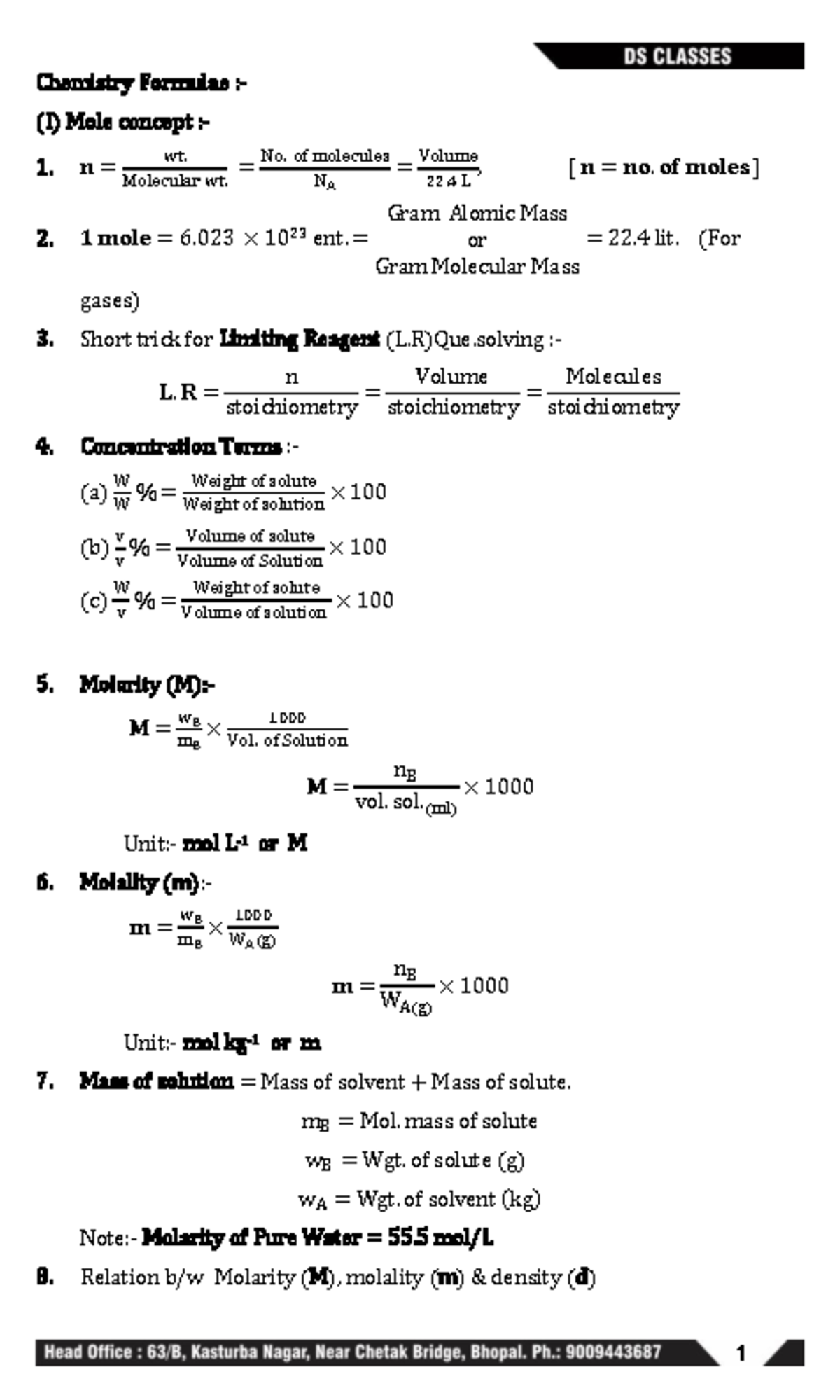 5 6199575959364960851 - Chemistry Formulae :- (I) Mole concept :- ċ ...
