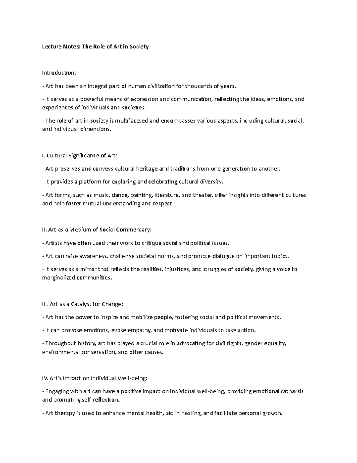 Lecture Notes The Role of Art in Society Lecture Notes The Role of