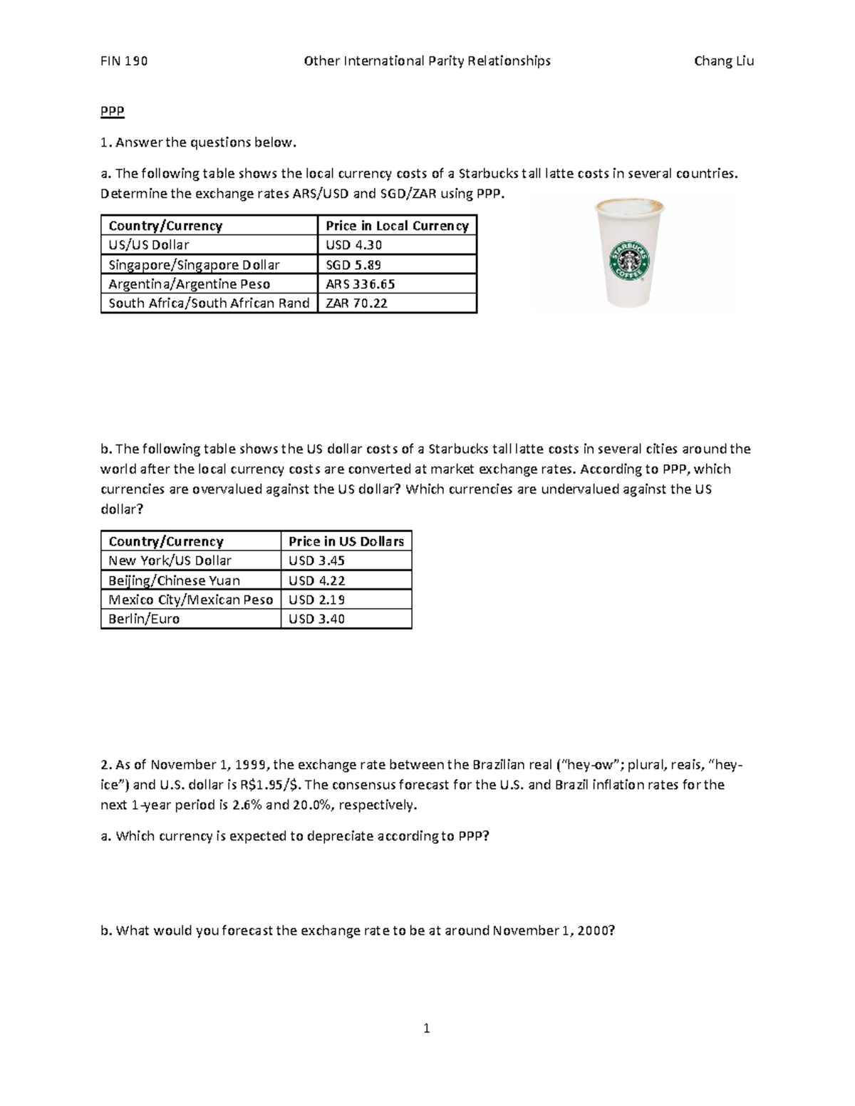 Other International Parity Relationships Exercise - FIN 190 Other ...