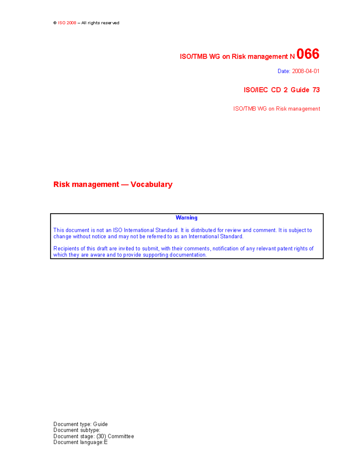 Iso-73 2009 risk-management-vocabulary - © ISO 2008 – All rights ...