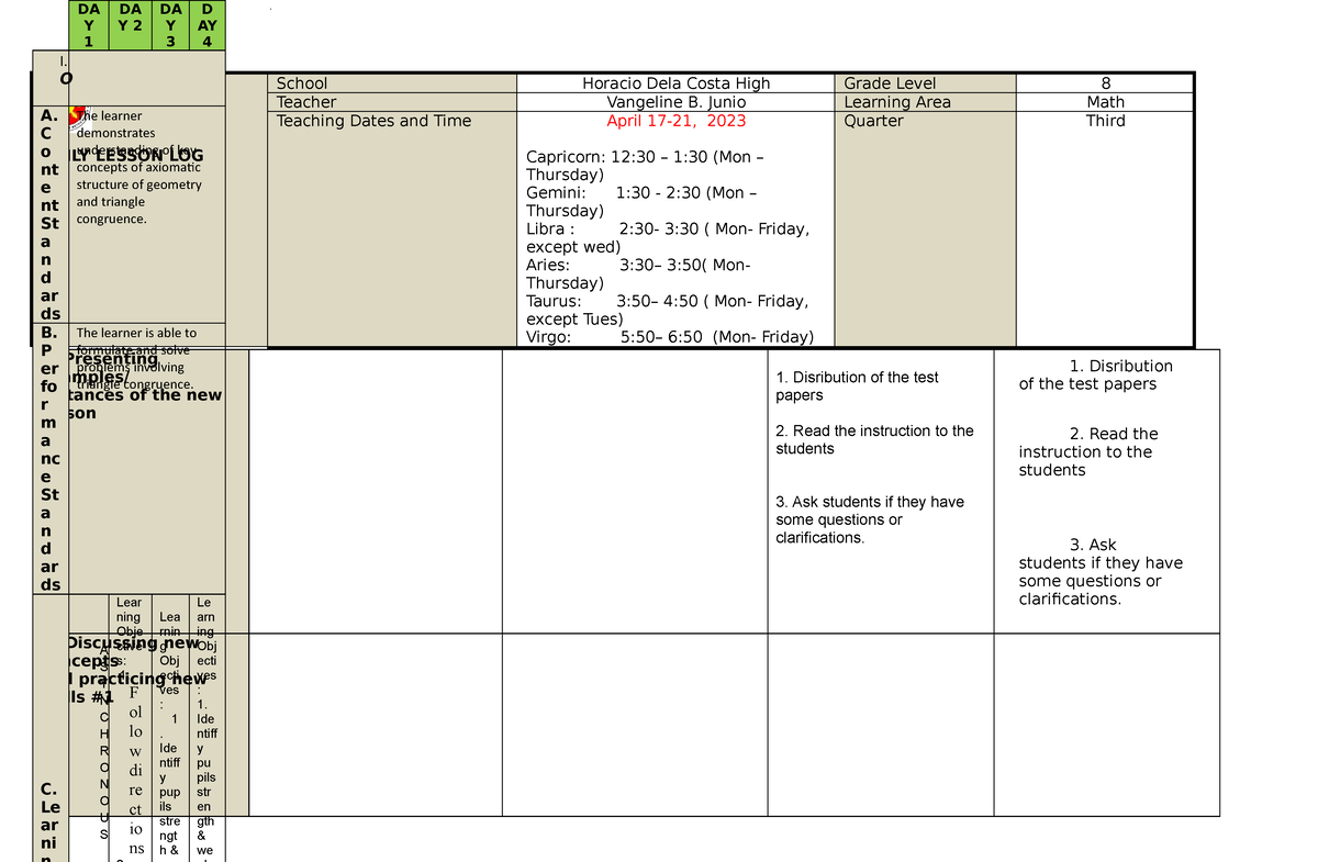 Math 8 DLL April 17-21, 2023 - DAILY LESSON LOG School Horacio Dela ...