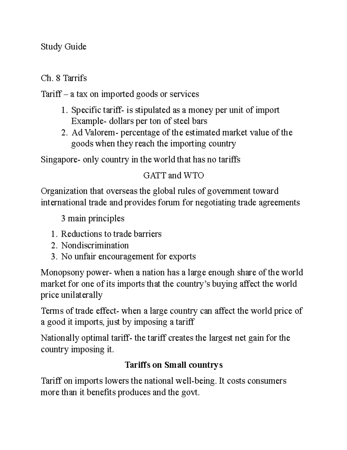 International economics midterm study guide - Study Guide Ch. 8 Tarrifs ...